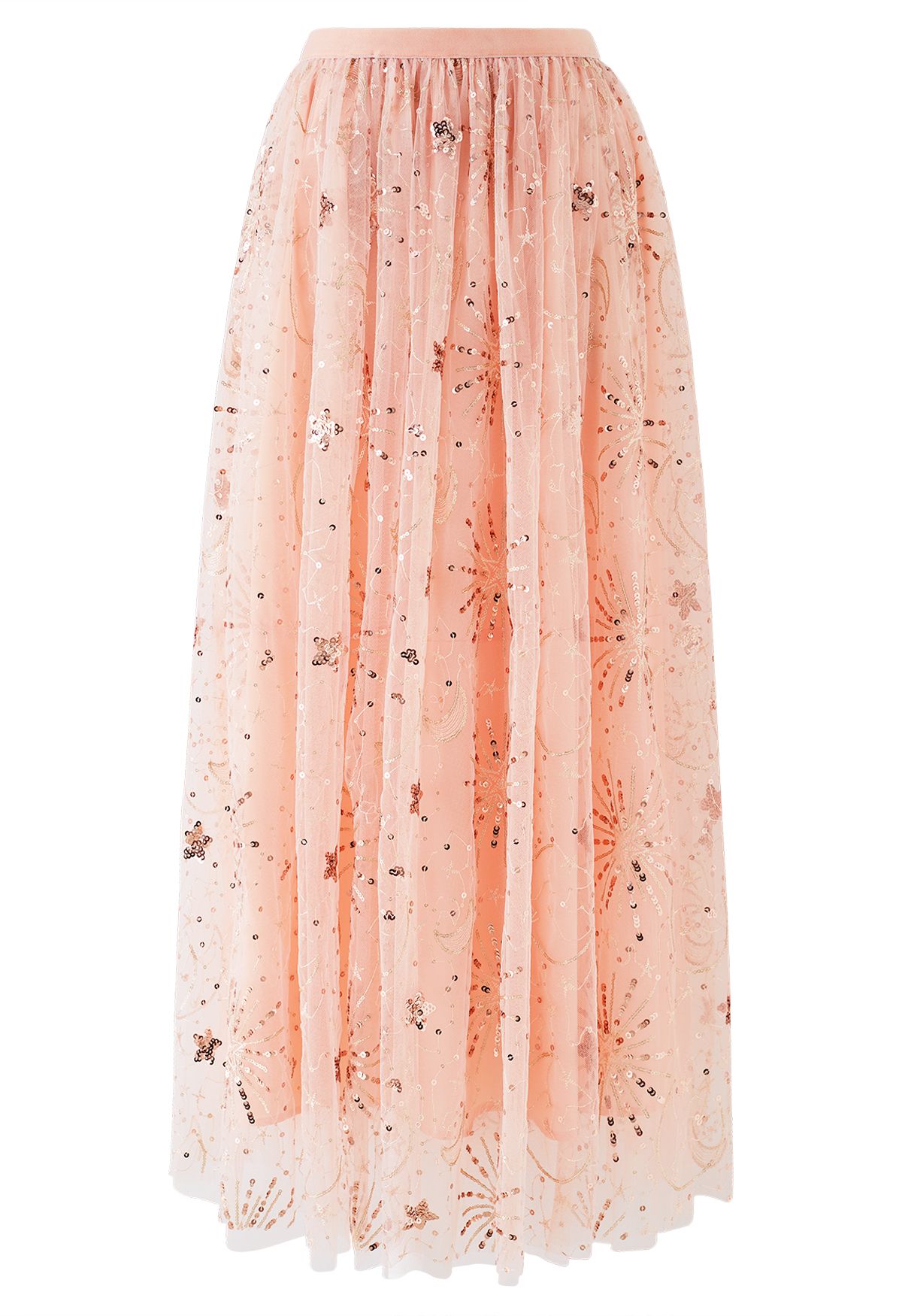 Moon and Star Sequin-Embellished Tulle Maxi Skirt in Apricot