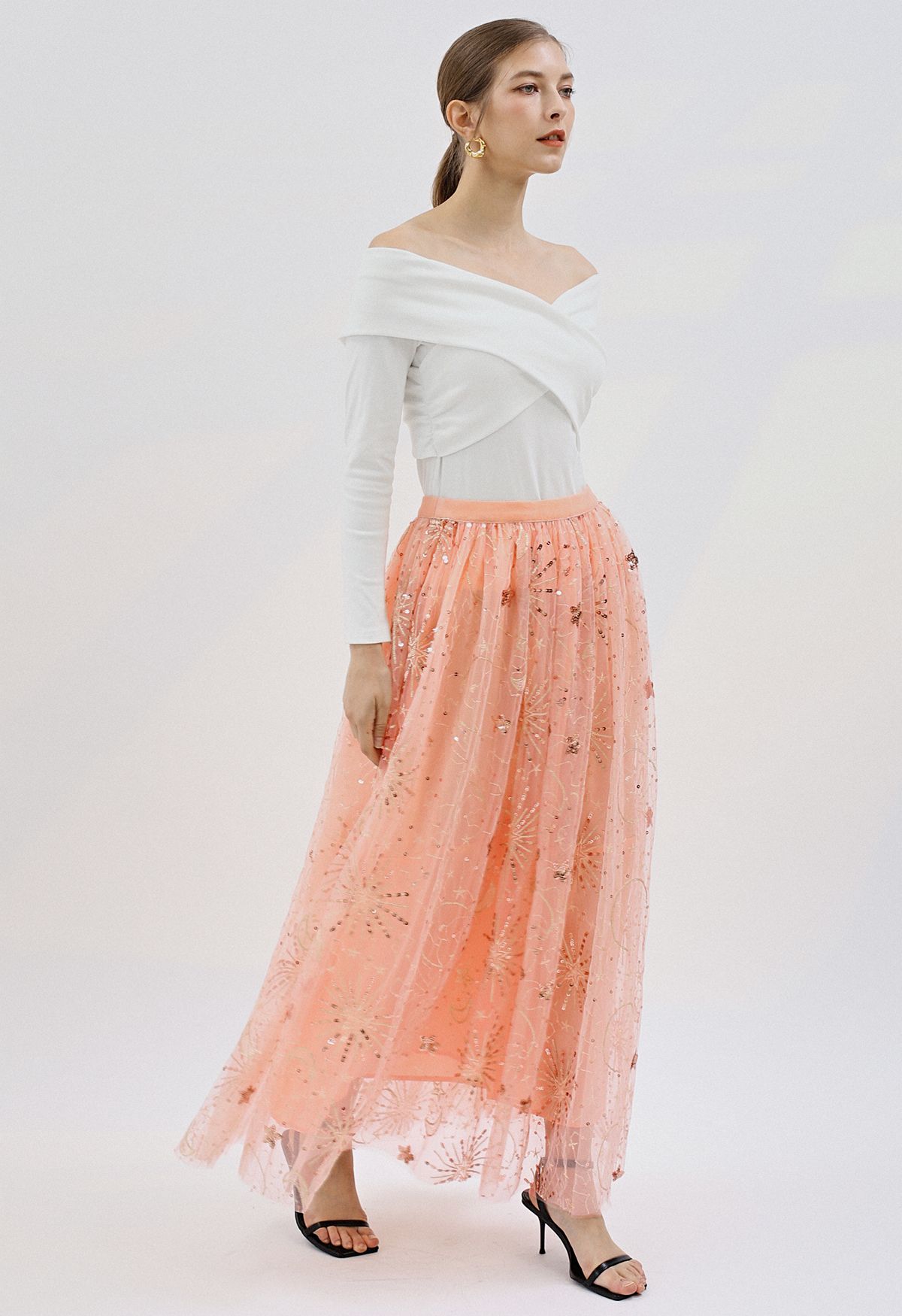 Moon and Star Sequin-Embellished Tulle Maxi Skirt in Apricot