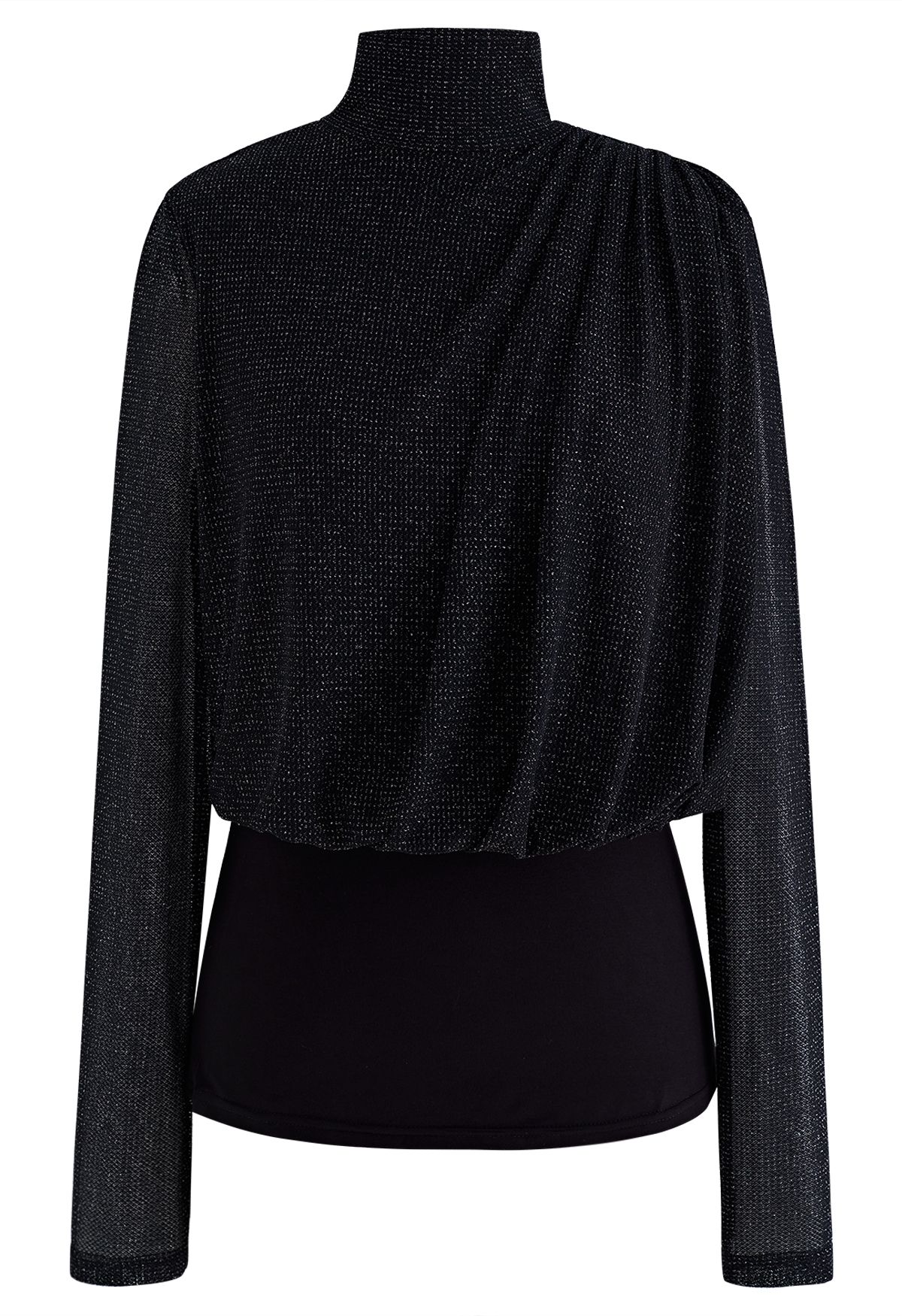 Gleam High Neck Spliced Ruched Top in Black