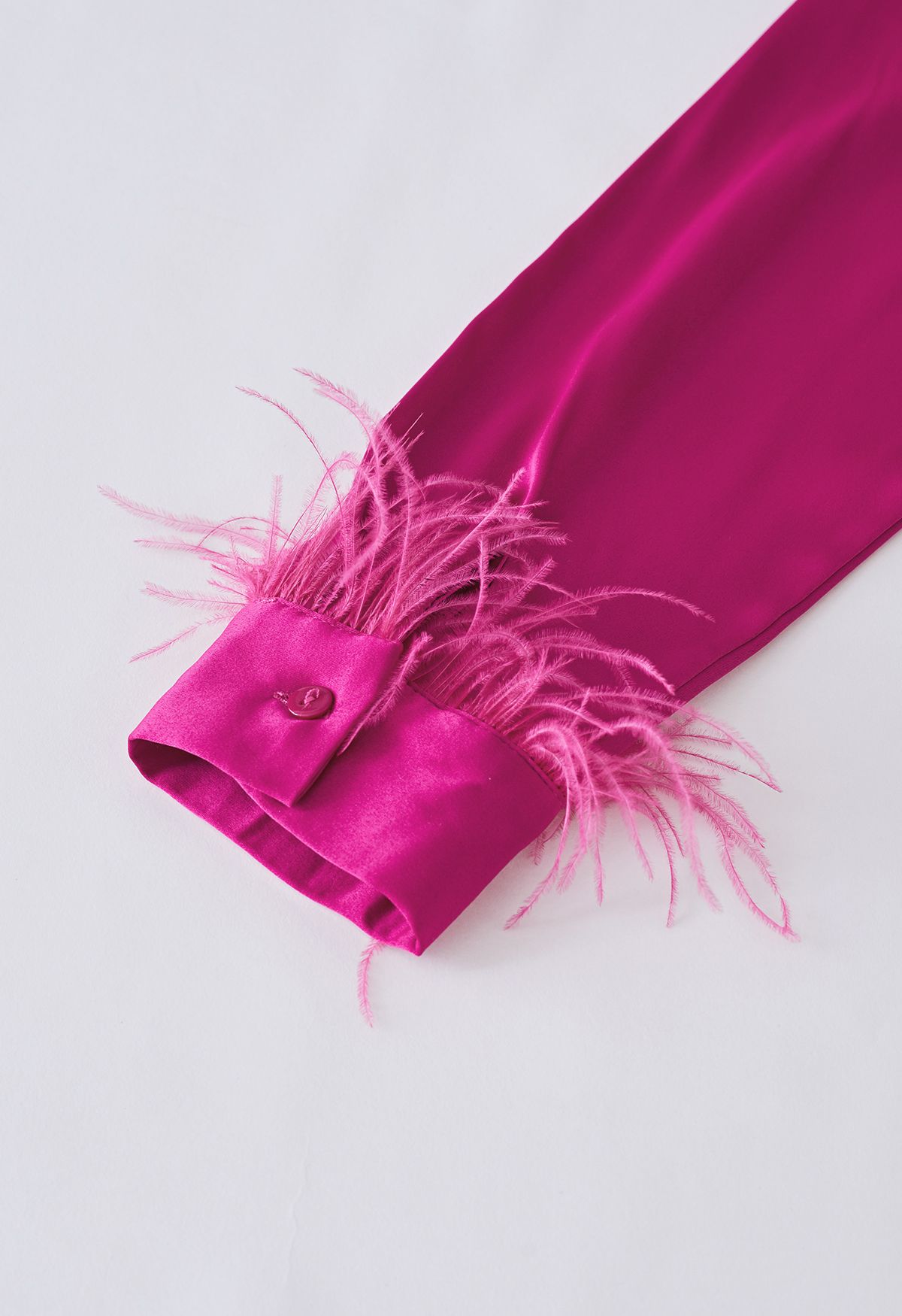 Feather Trim Cuffs Satin Shirt in Hot Pink