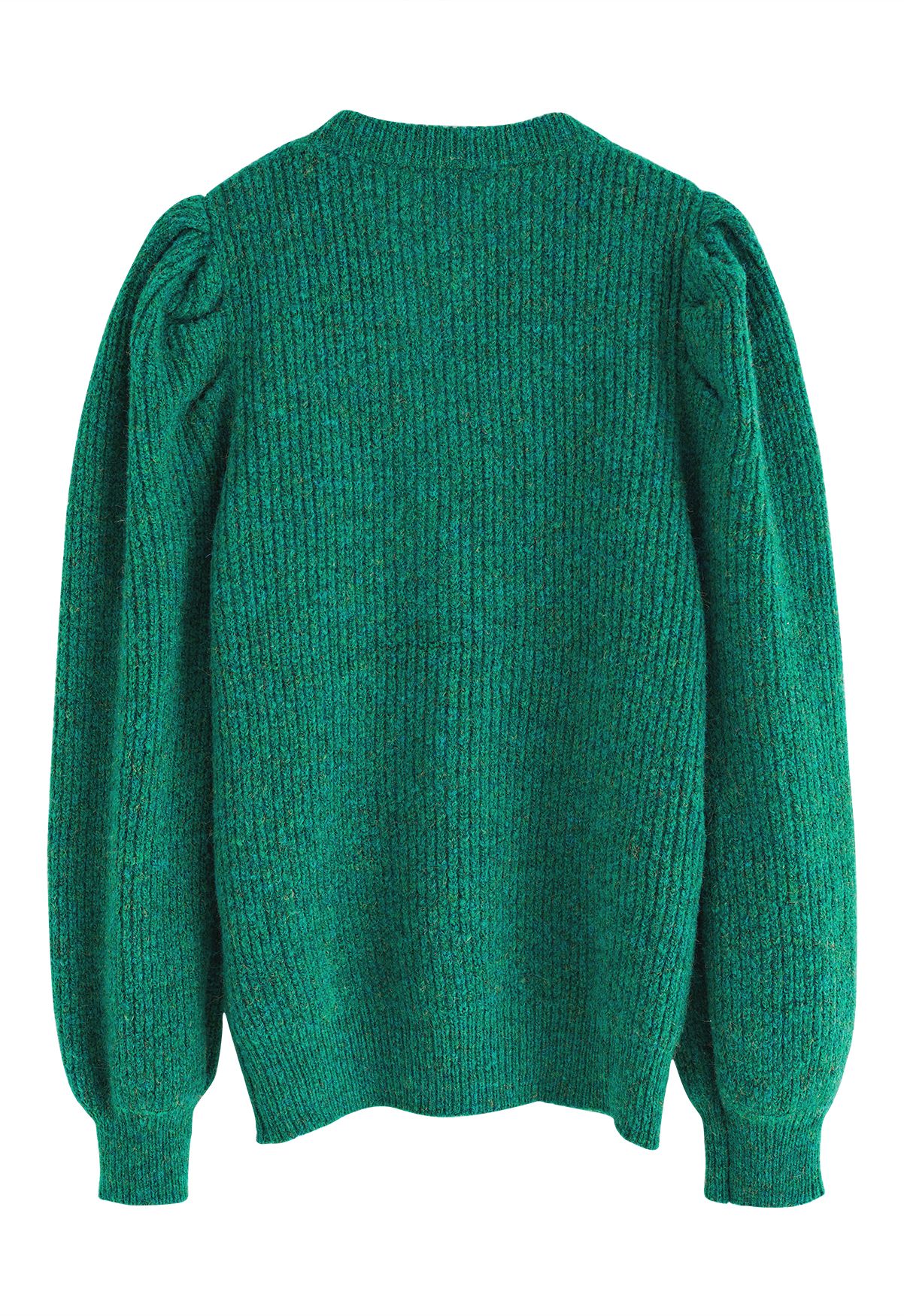 Mix-Knit Puff Sleeve Ribbed Sweater in Green