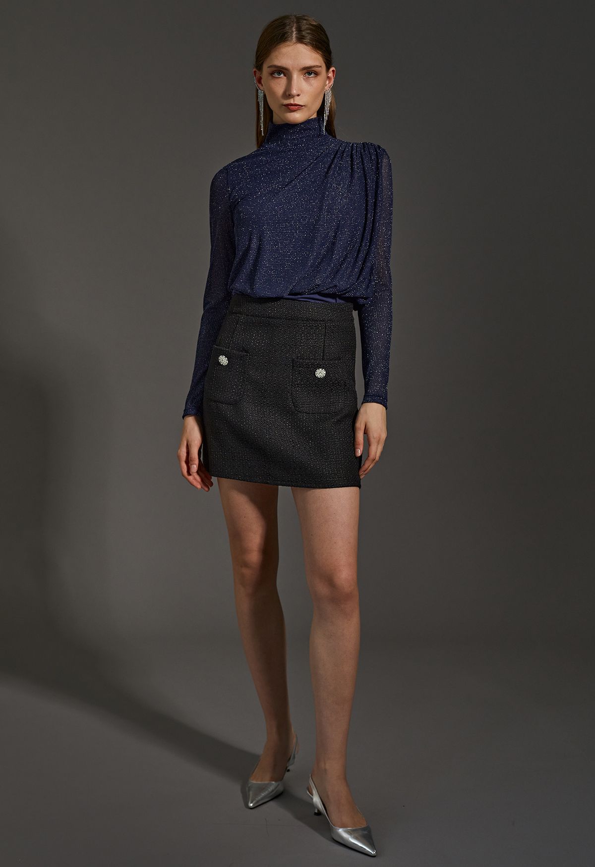 Gleam High Neck Spliced Ruched Top in Navy