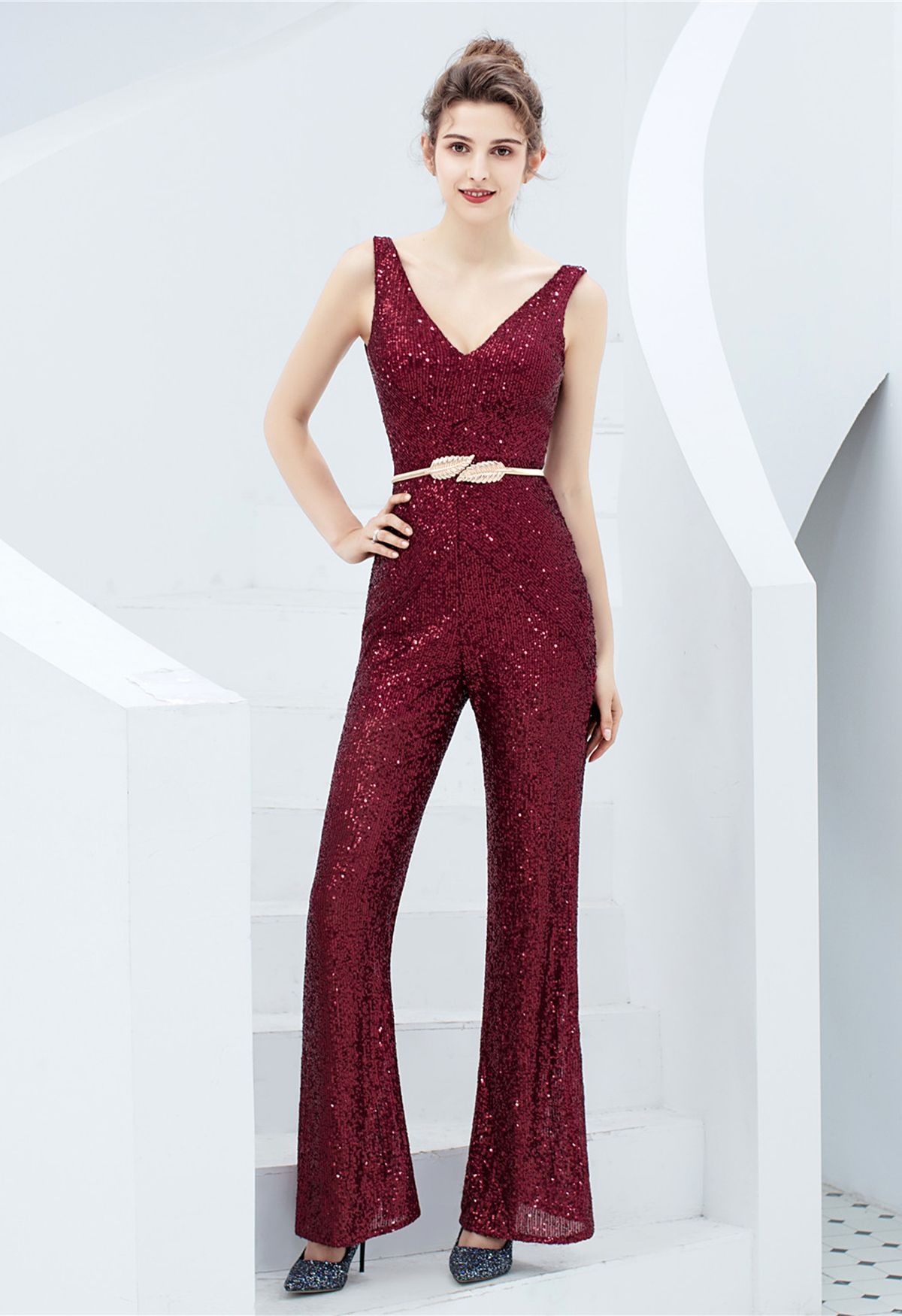 V-Neck Glitter Sequin Jumpsuit in Burgundy