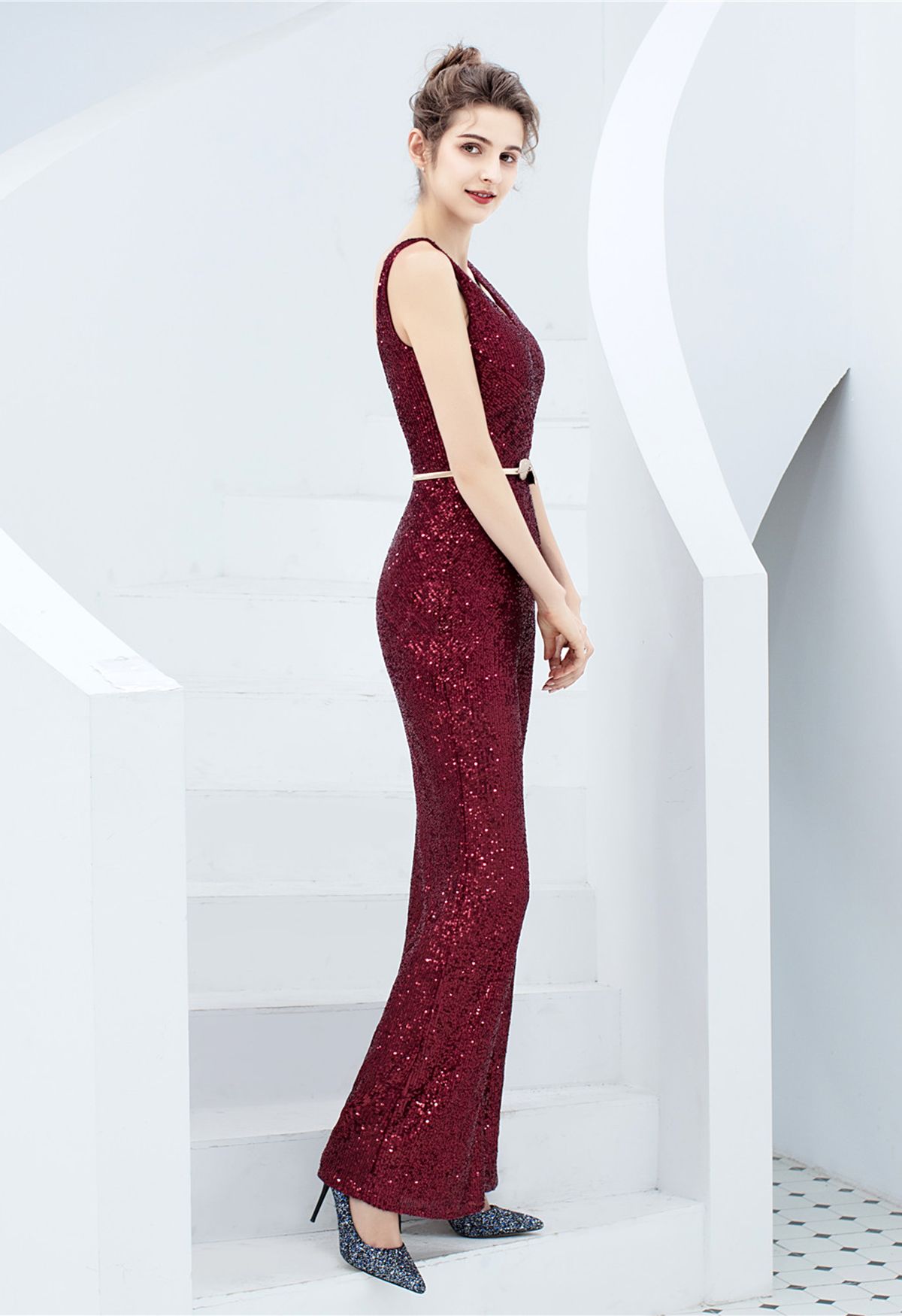 V-Neck Glitter Sequin Jumpsuit in Burgundy