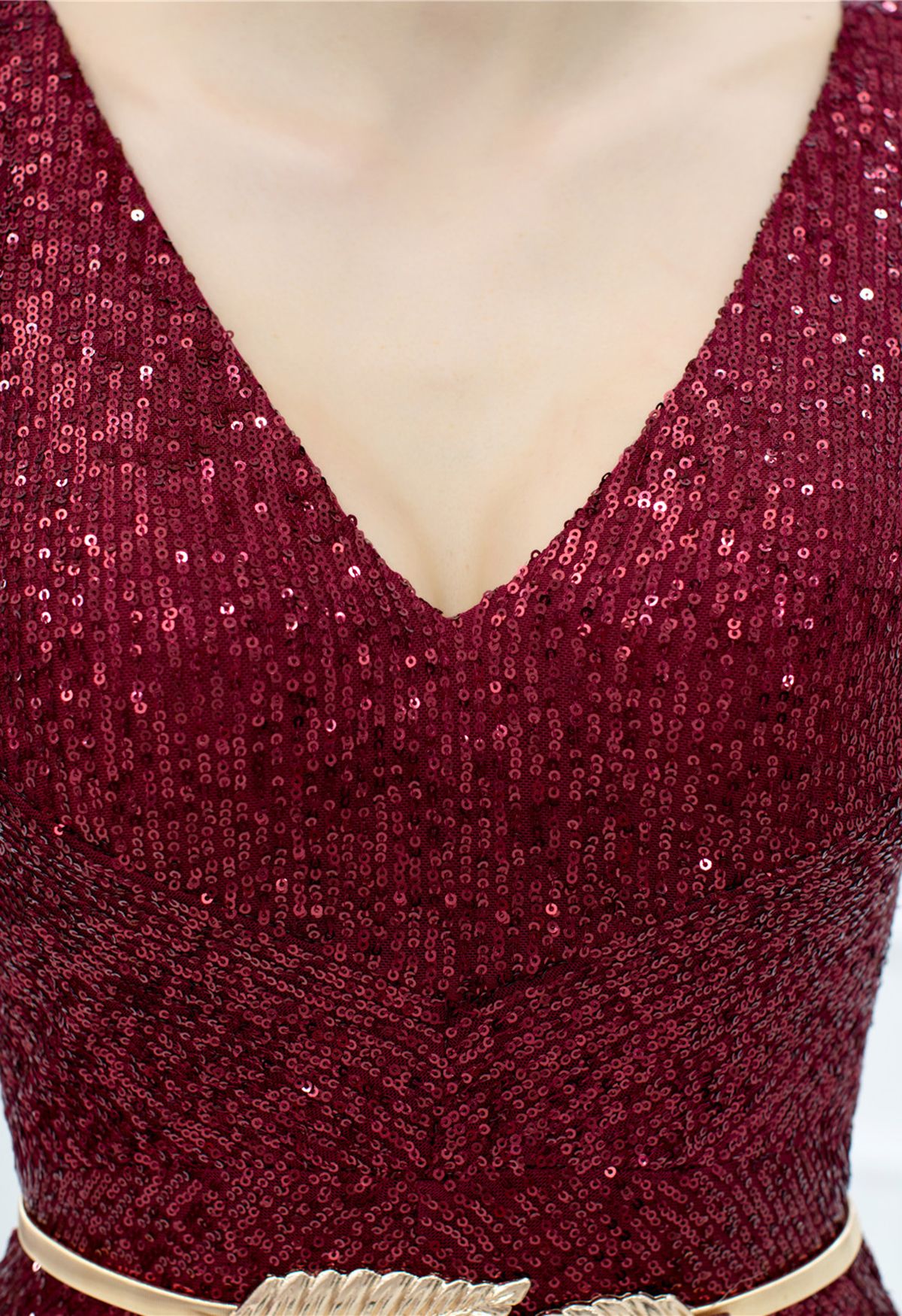 V-Neck Glitter Sequin Jumpsuit in Burgundy