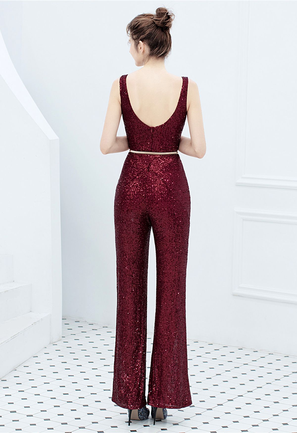 V-Neck Glitter Sequin Jumpsuit in Burgundy