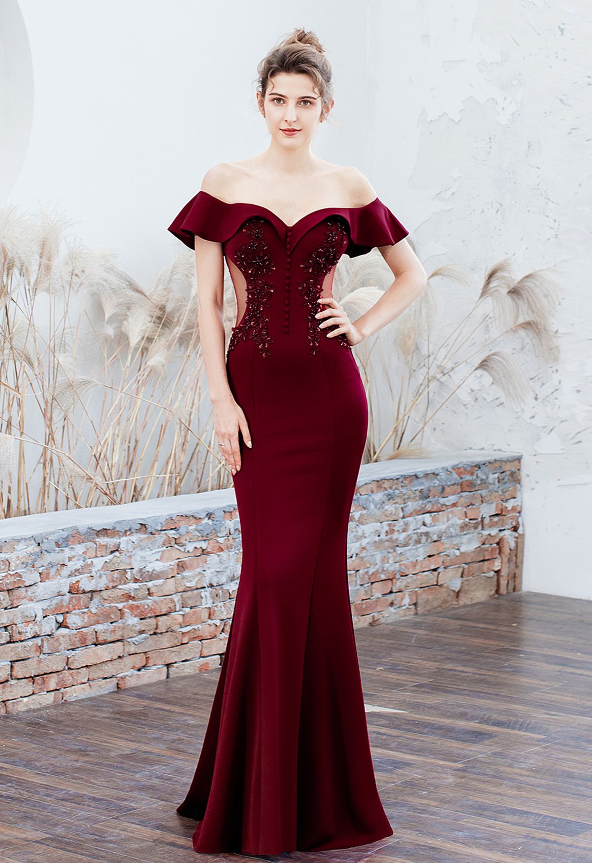 Ruffled Off-Shoulder Embroidery Mermaid Gown in Burgundy