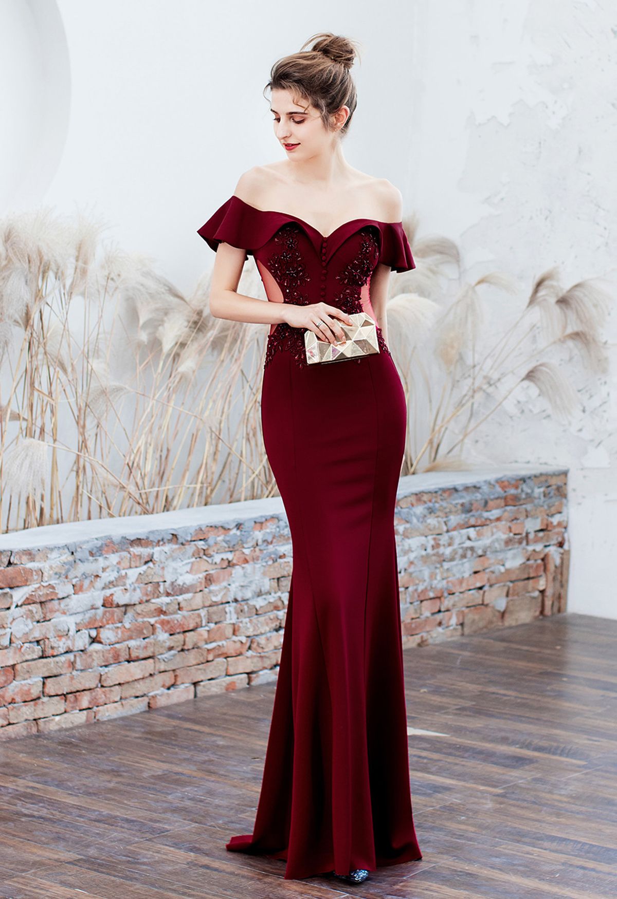 Ruffled Off-Shoulder Embroidery Mermaid Gown in Burgundy