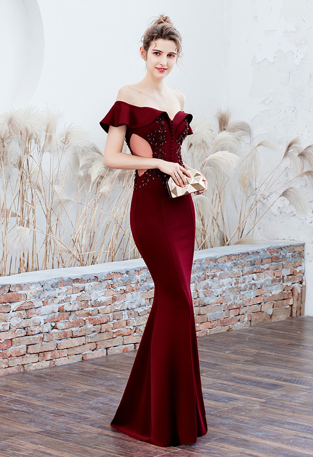 Ruffled Off-Shoulder Embroidery Mermaid Gown in Burgundy