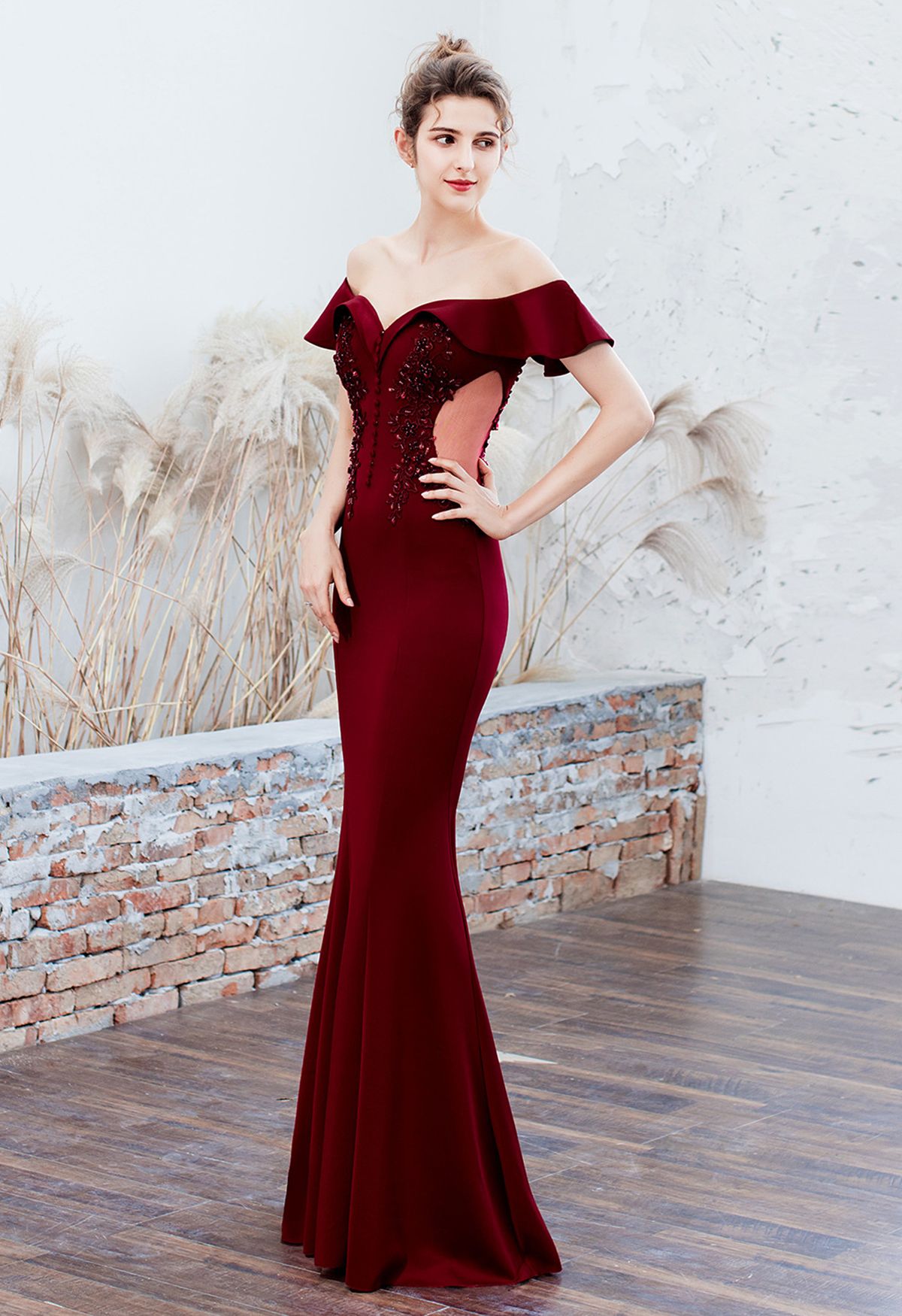 Ruffled Off-Shoulder Embroidery Mermaid Gown in Burgundy