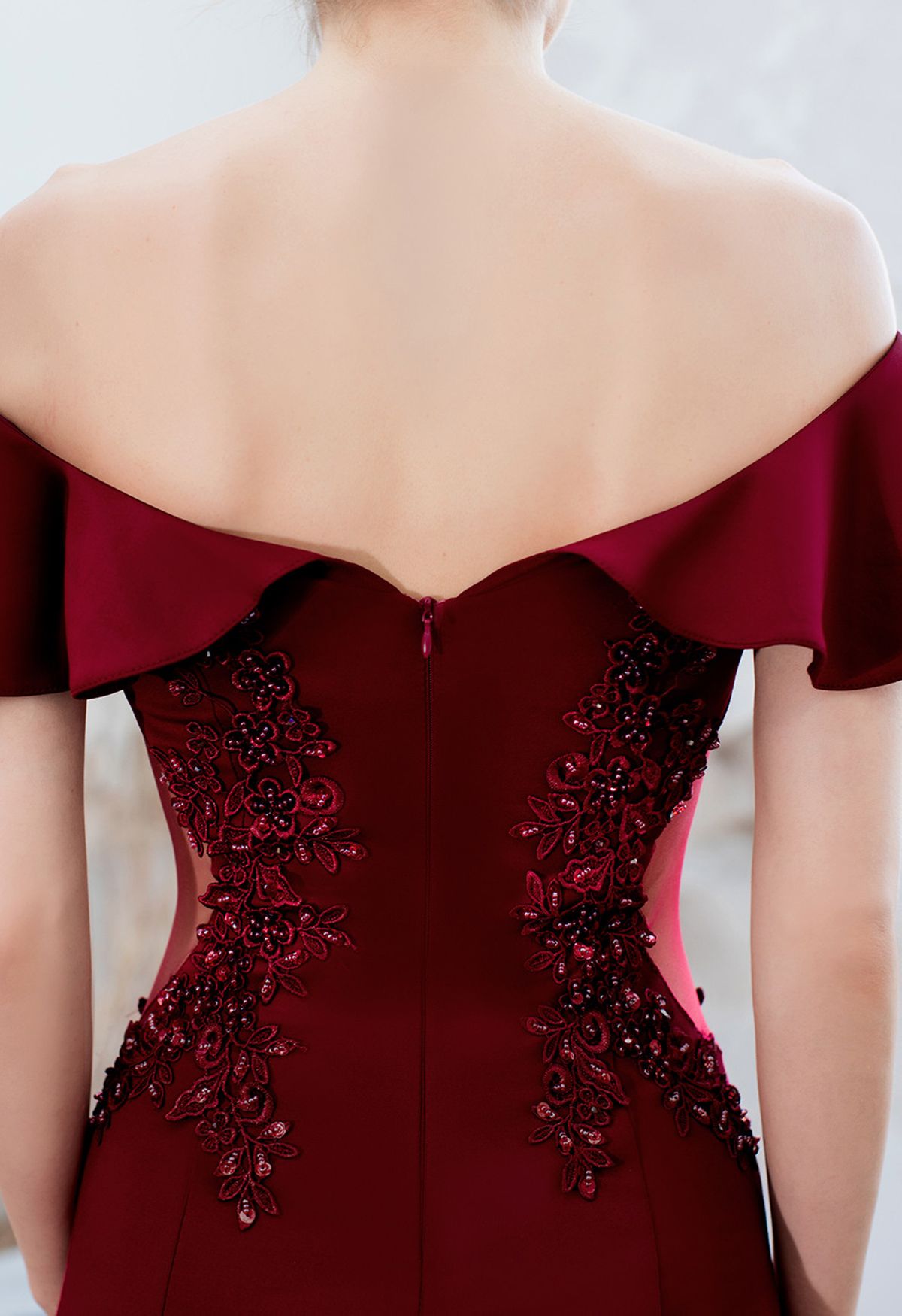 Ruffled Off-Shoulder Embroidery Mermaid Gown in Burgundy