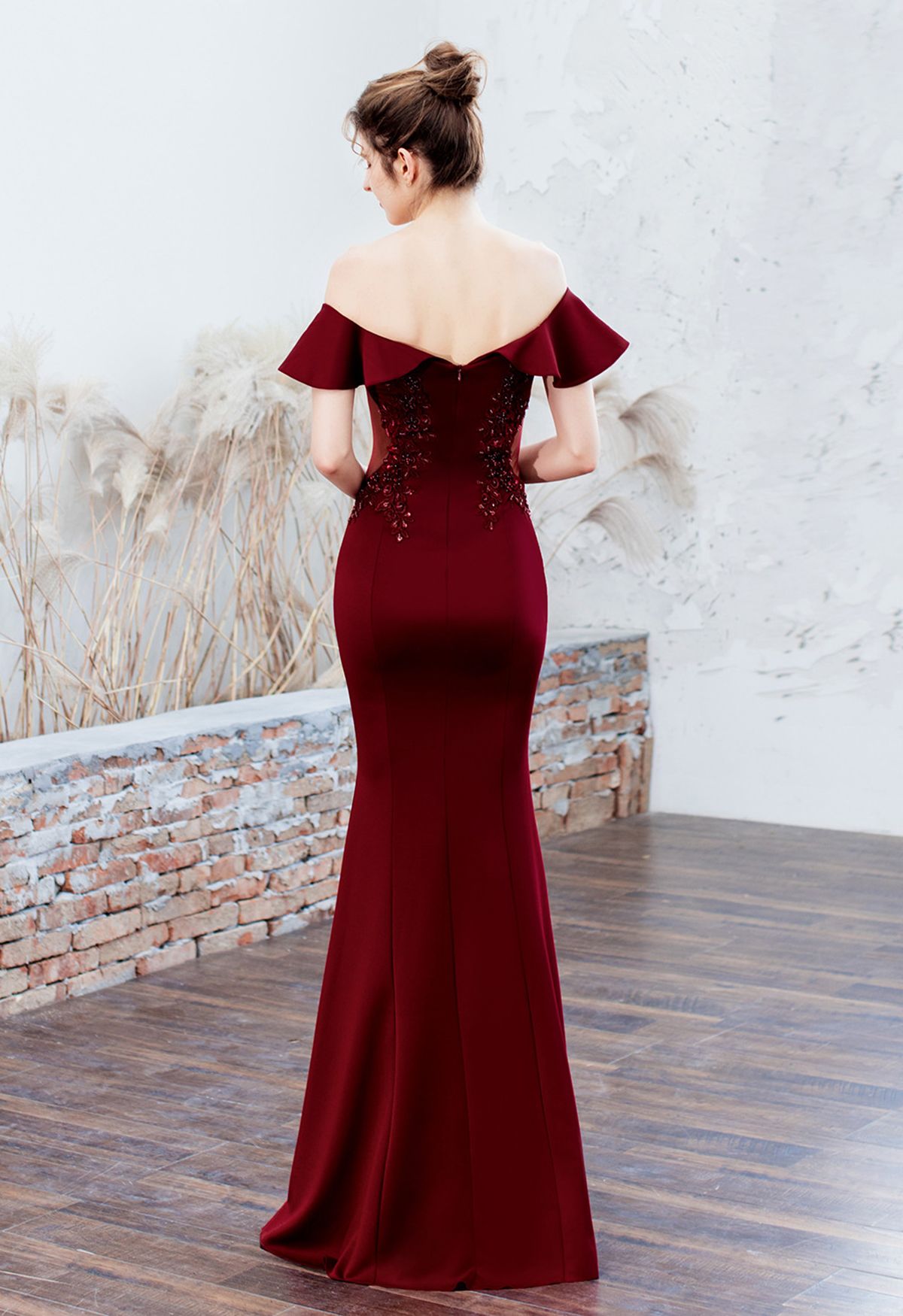 Ruffled Off-Shoulder Embroidery Mermaid Gown in Burgundy