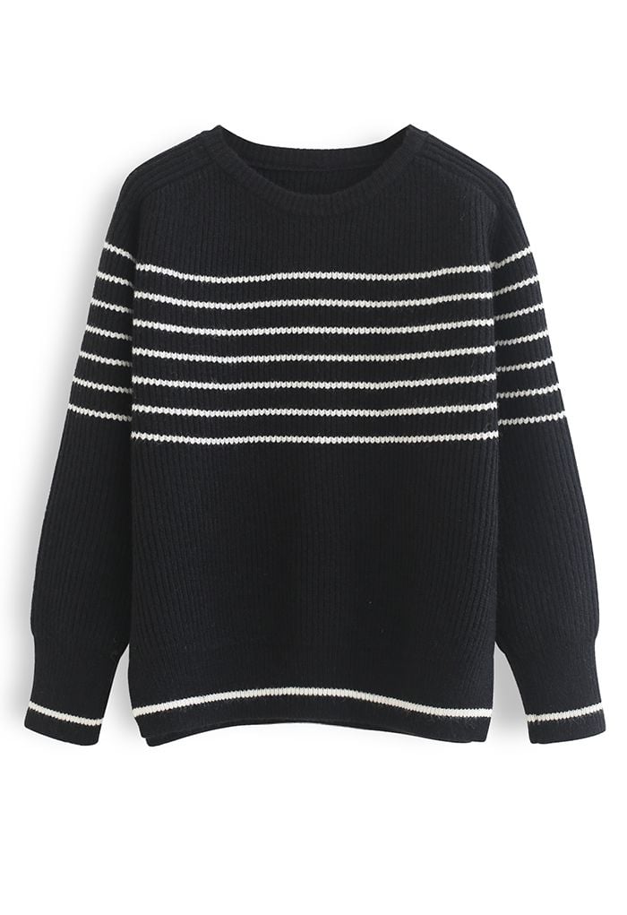 Simple Horizontal Stripe Rib Knit Sweater in Black