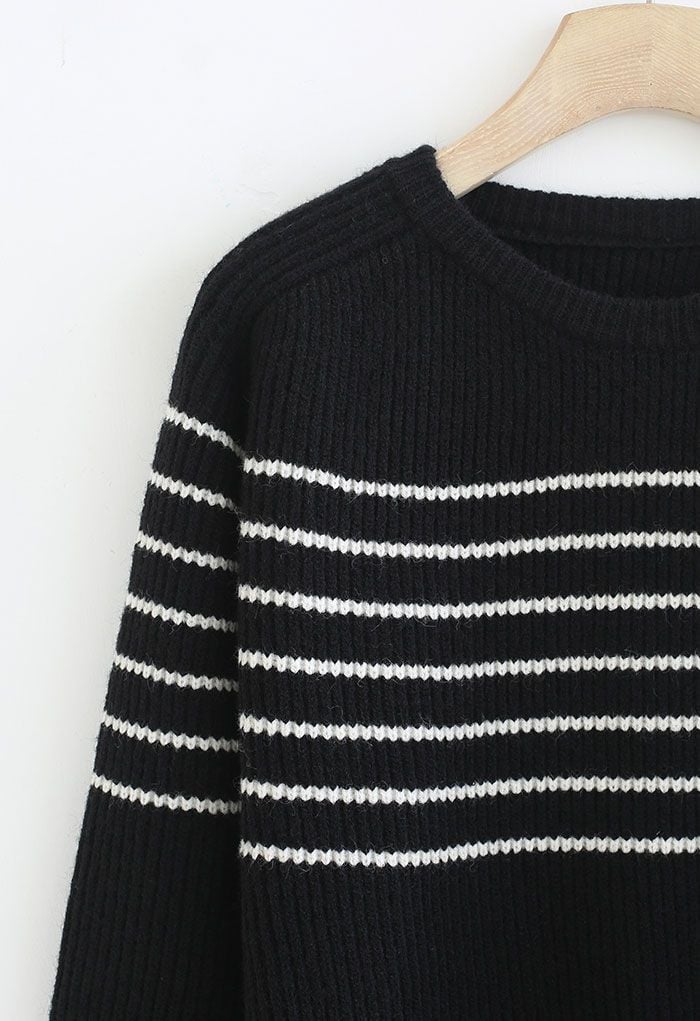 Simple Horizontal Stripe Rib Knit Sweater in Black