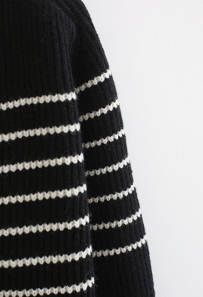 Simple Horizontal Stripe Rib Knit Sweater in Black