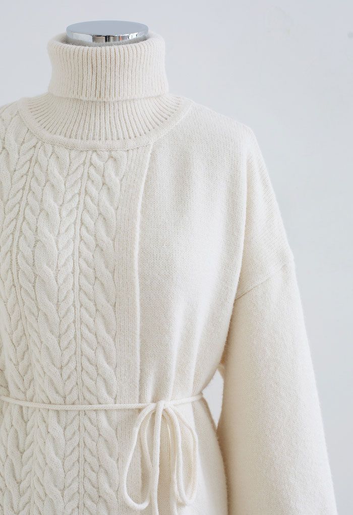 Turtleneck Flapped Braid Knit Longline Sweater in Ivory