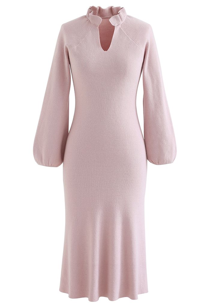 Ruffle V-Neck Puff Sleeve Midi Knit Dress in Pink