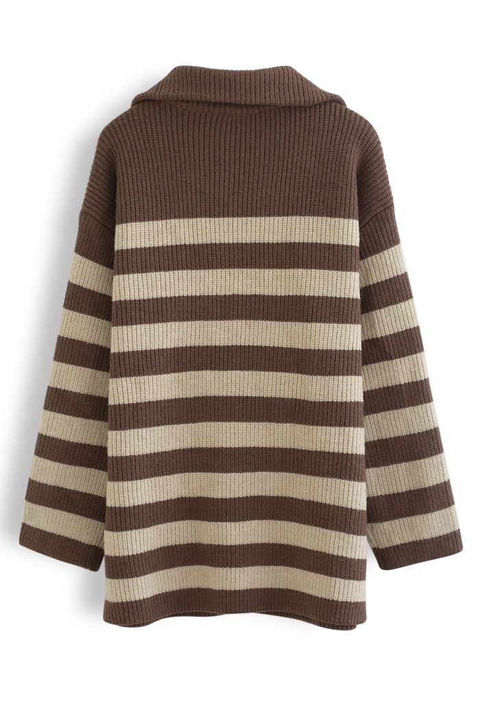 Zipper Neck Striped Knit Sweater in Brown