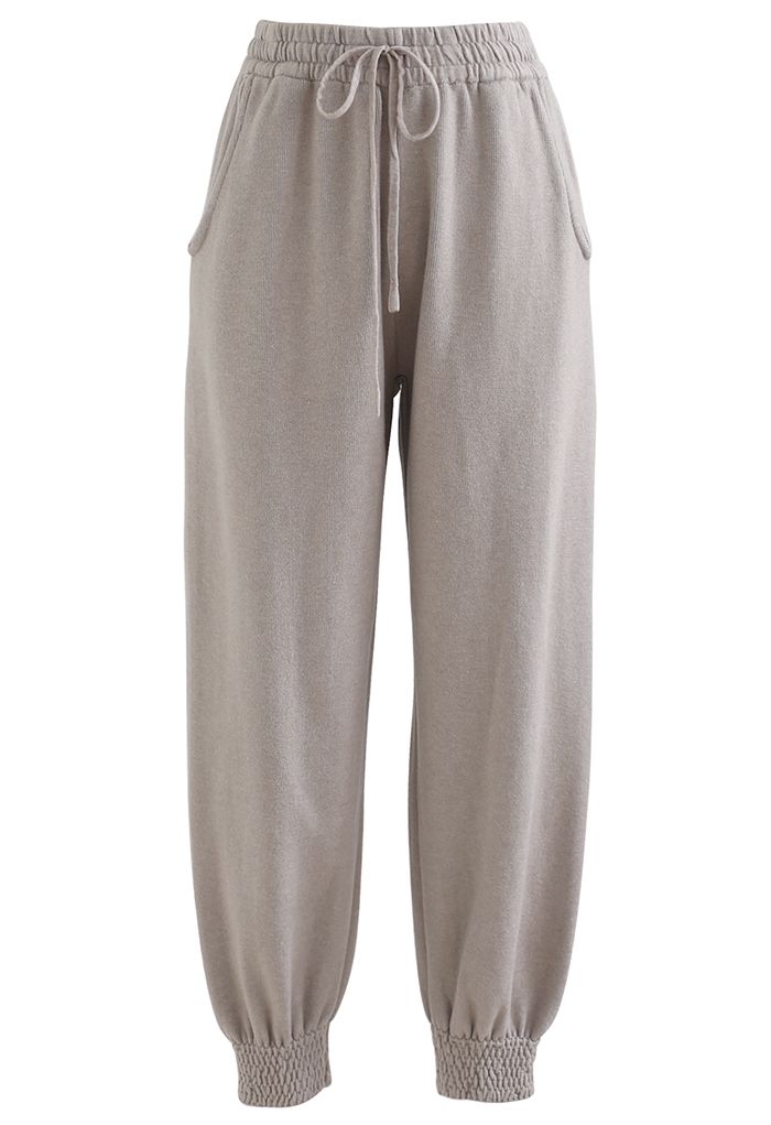 Knitted Drawstring Waist Tapered Joggers in Sand