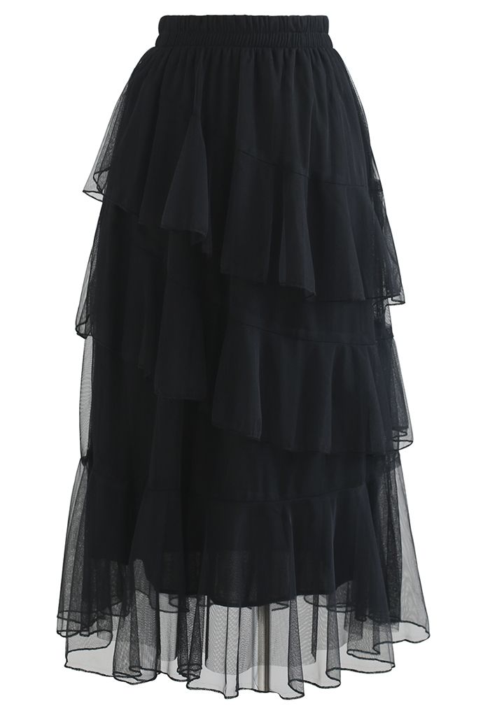 Airy Tiered Ruffle Mesh Tulle Midi Skirt in Black