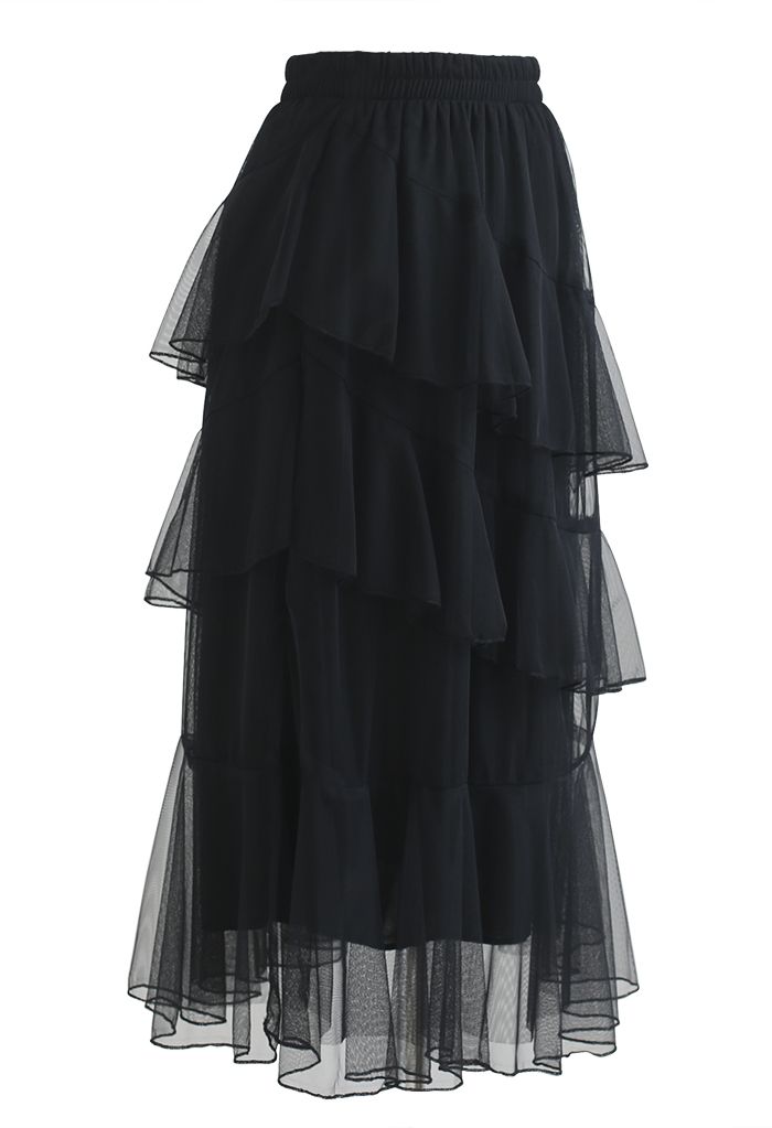 Airy Tiered Ruffle Mesh Tulle Midi Skirt in Black
