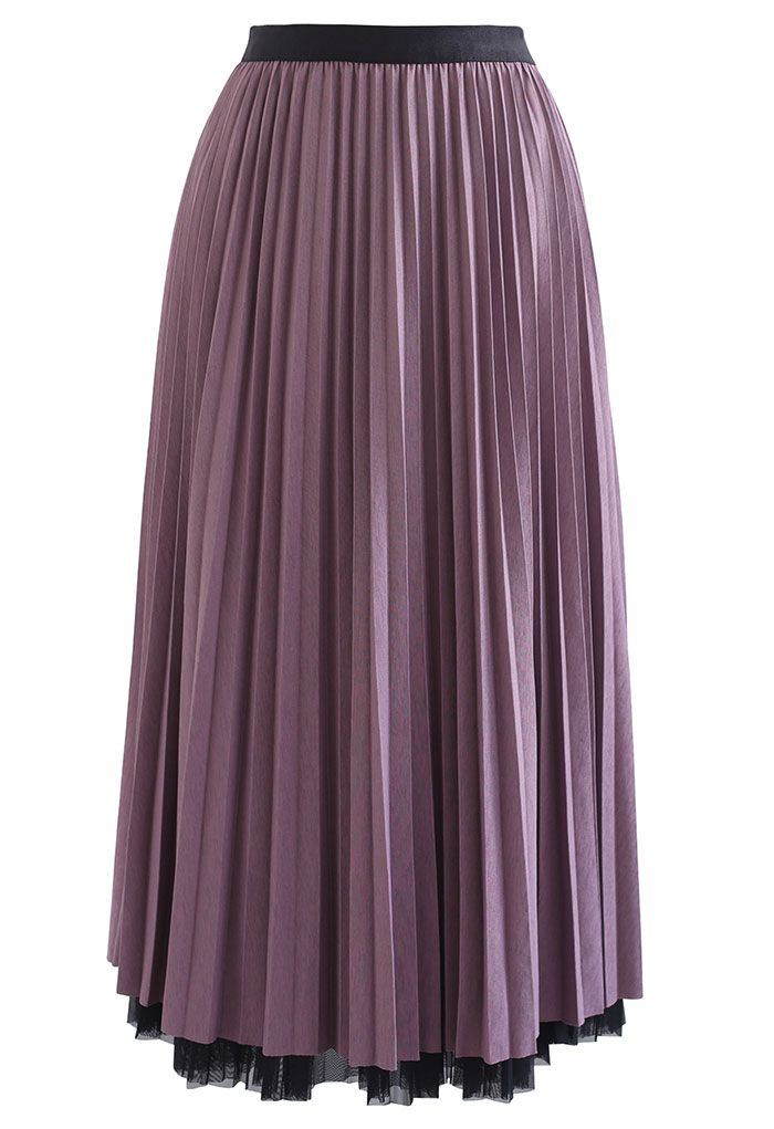 Reversible Diamond Trim Hem Mesh Pleated Skirt in Lilac