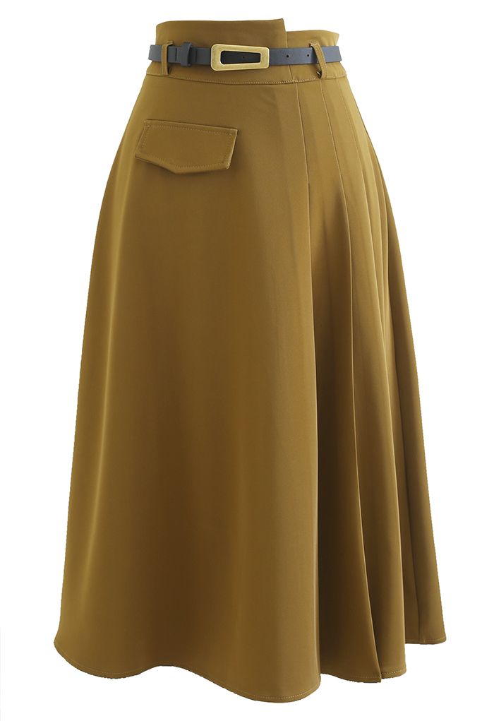 Half Pleat High-Waisted Belted Skirt in Mustard