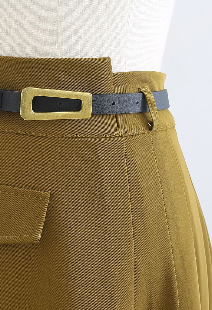Half Pleat High-Waisted Belted Skirt in Mustard