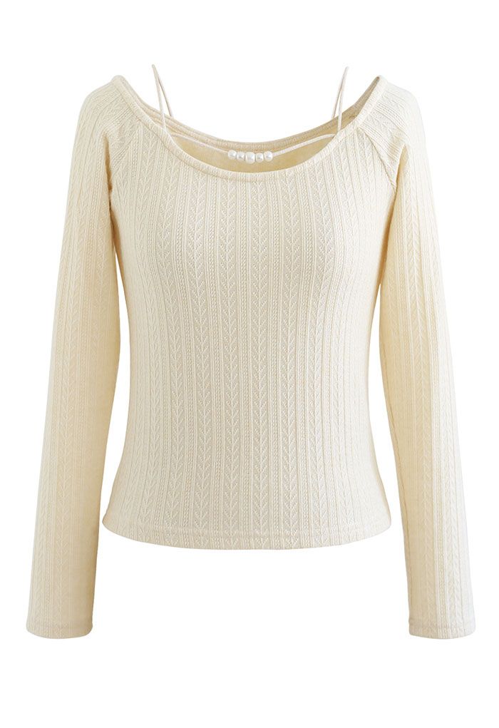Bead Trim Cold-Shoulder Crop Knit Top in Cream