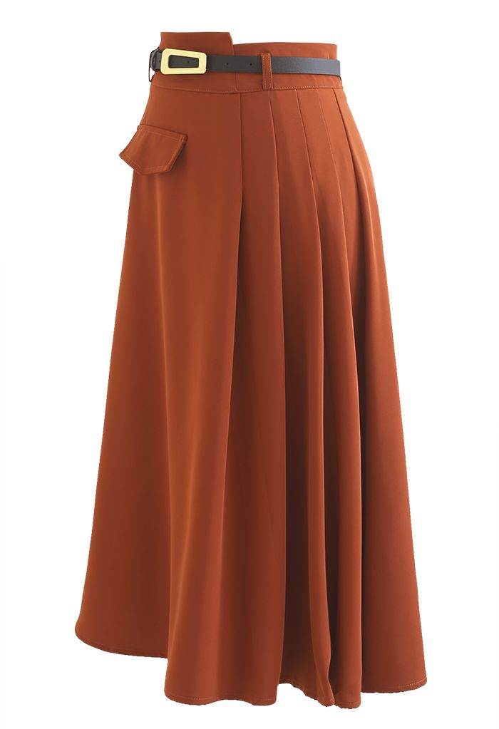 Half Pleat High-Waisted Belted Skirt in Rust Red