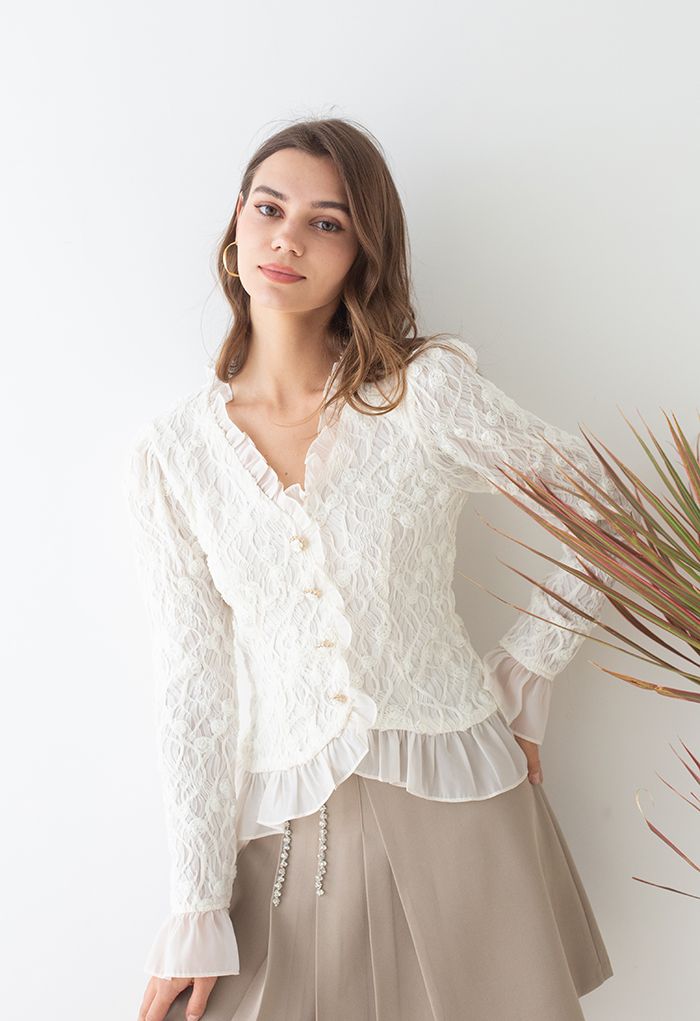 Rose Bud Embossed Ruffle Edge Fitted Top