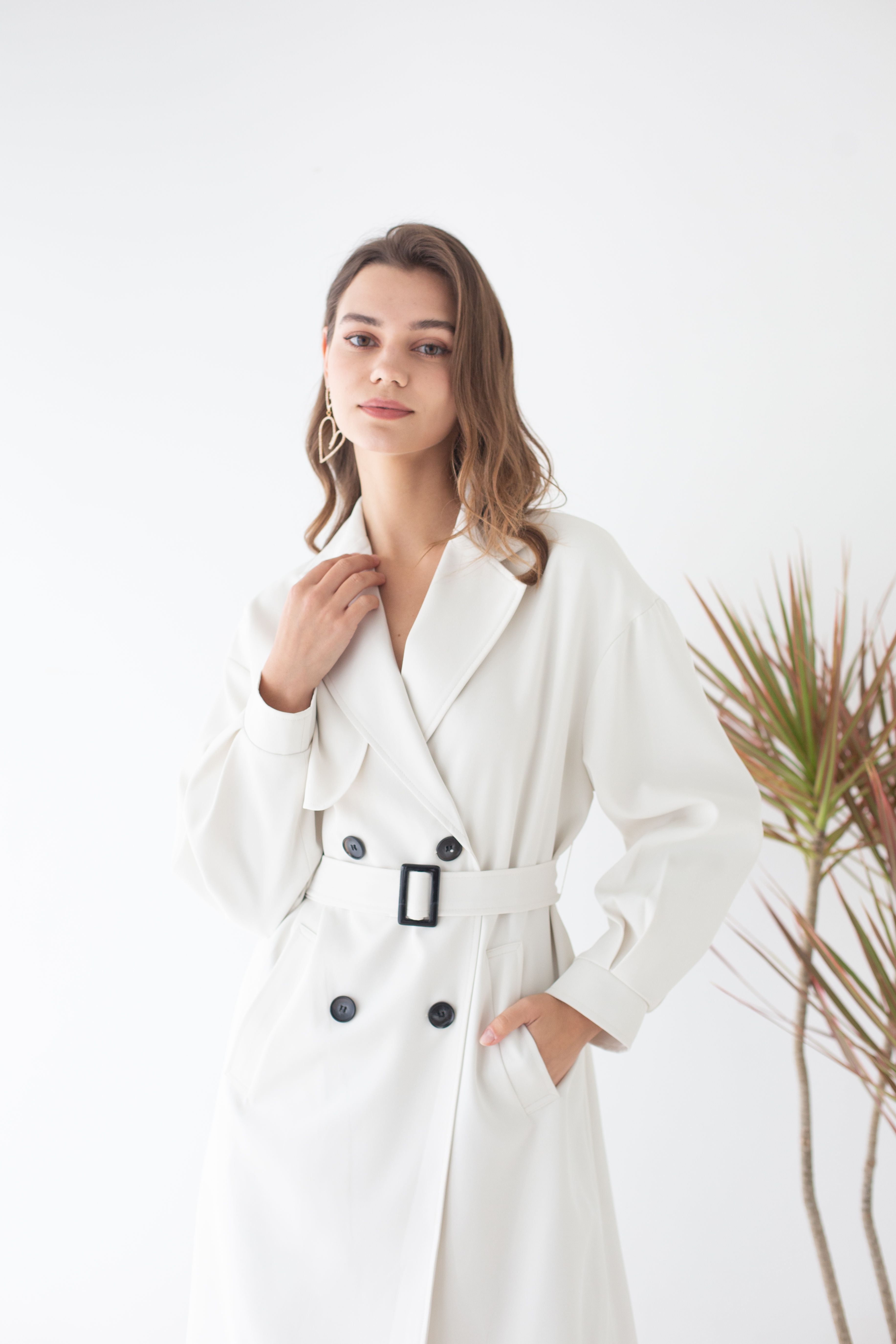 Bubble Sleeve Belted Trench Coat in Ivory