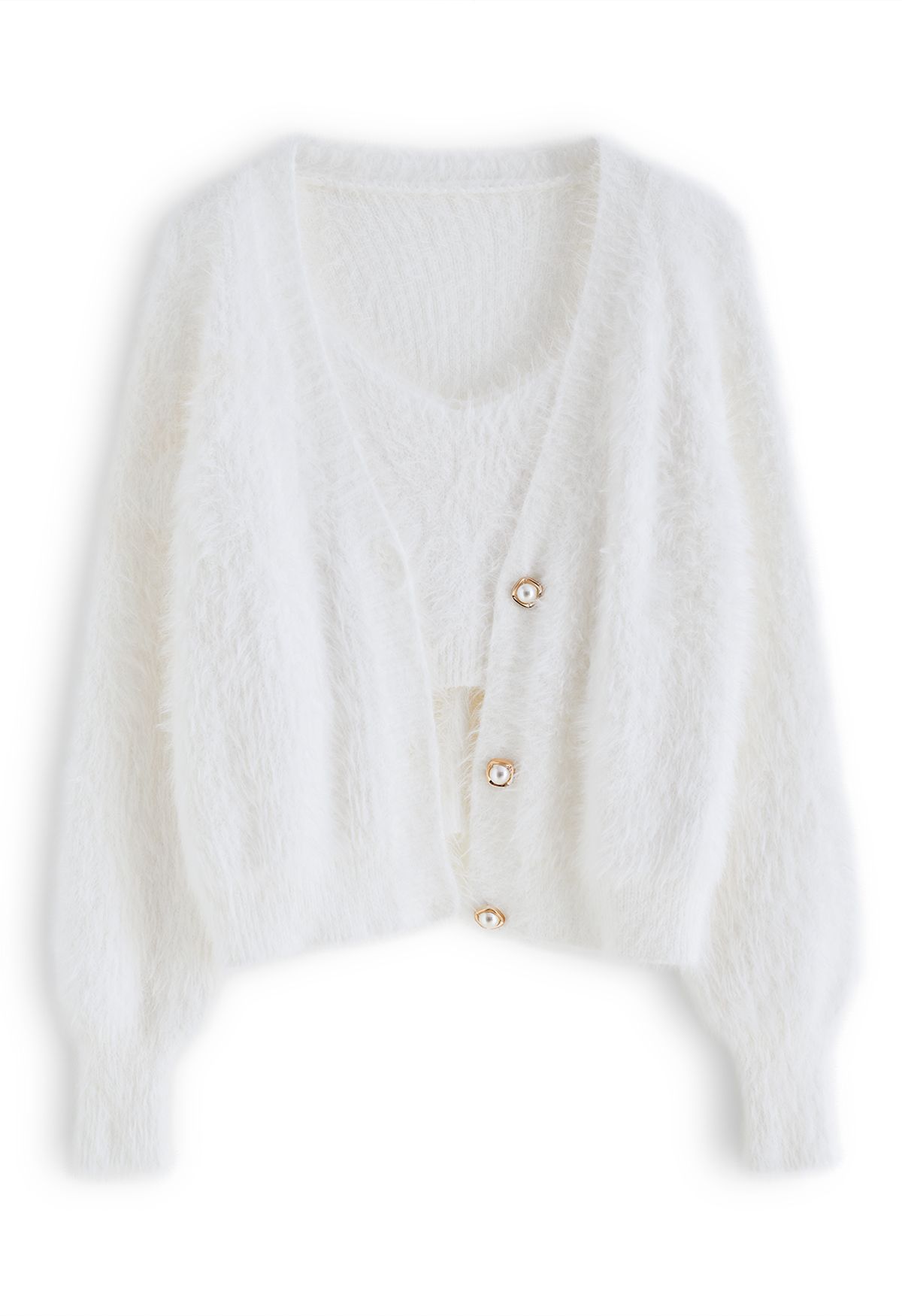 Fuzzy Cami Top and Pearly Buttoned Cardigan Set in White