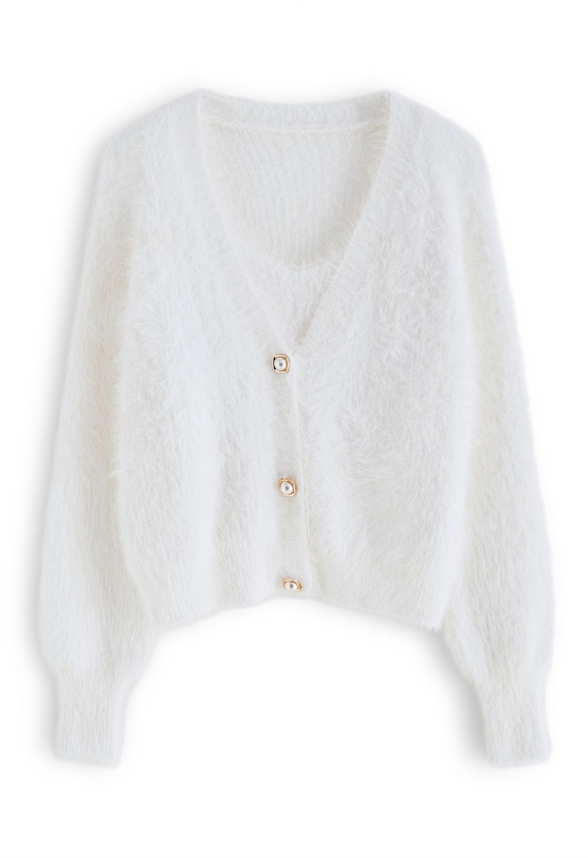 Fuzzy Cami Top and Pearly Buttoned Cardigan Set in White