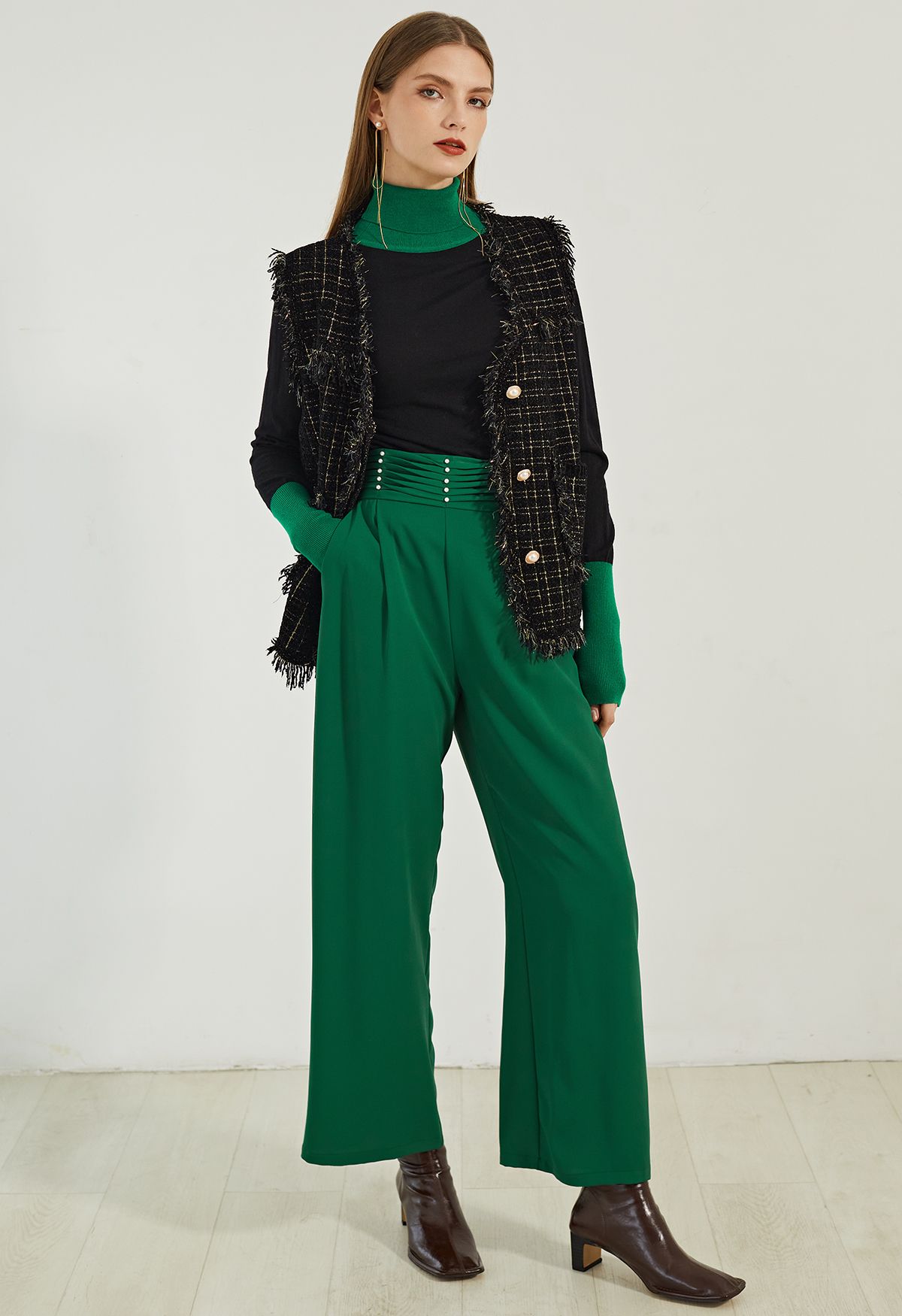 Pearly Pleated Waist Wide-Leg Pants in Green
