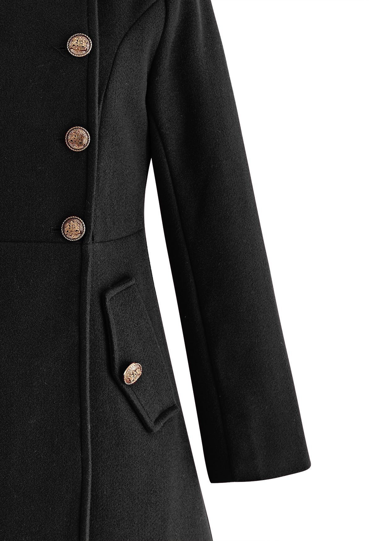 Modish Golden Button Wool-Blend Longline Coat in Black