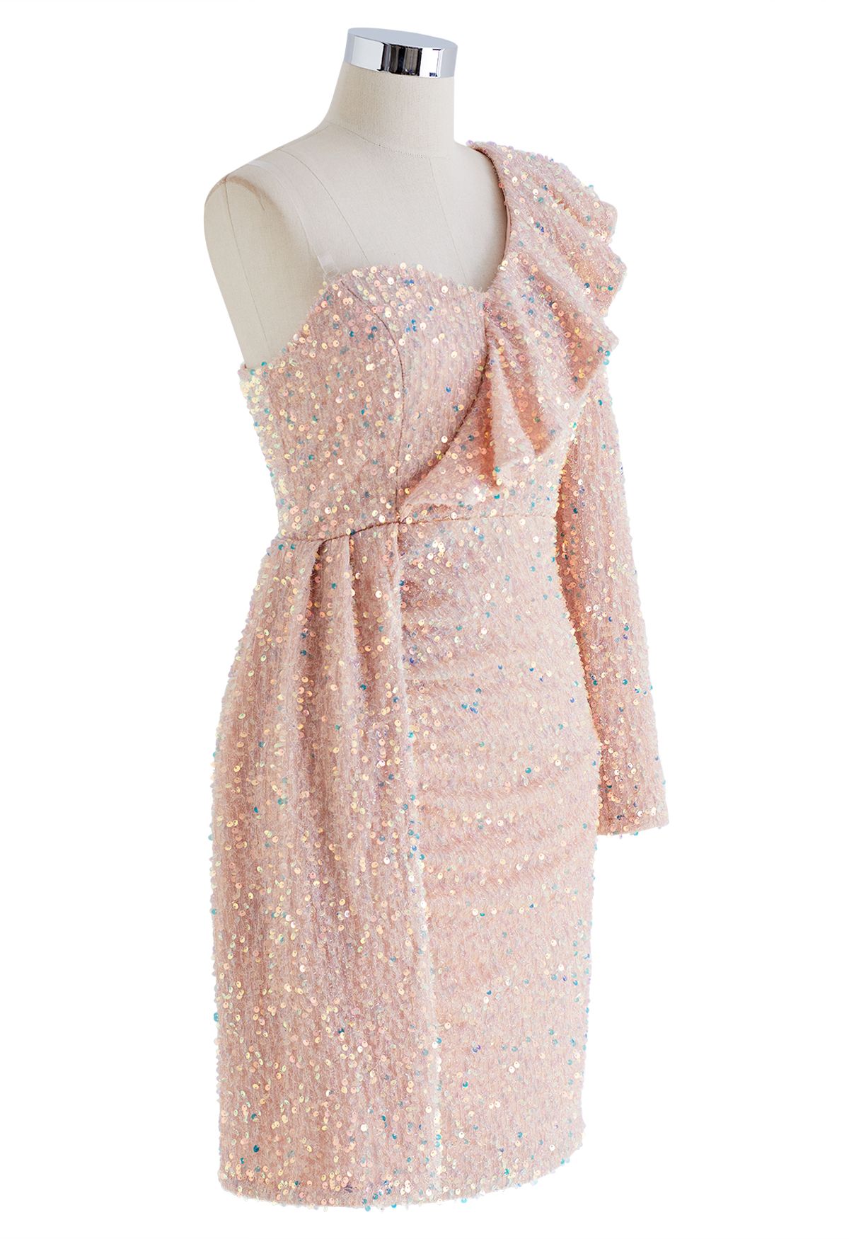 Ruffle One-Shoulder Colorful Sequin Cocktail Dress in Pink