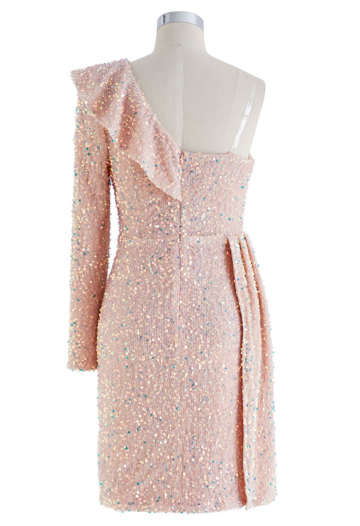 Ruffle One-Shoulder Colorful Sequin Cocktail Dress in Pink
