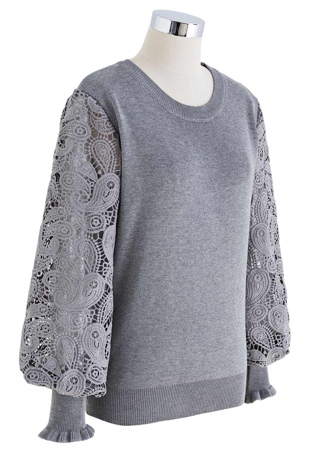 Paisley Crochet Sleeve Knit Top in Grey