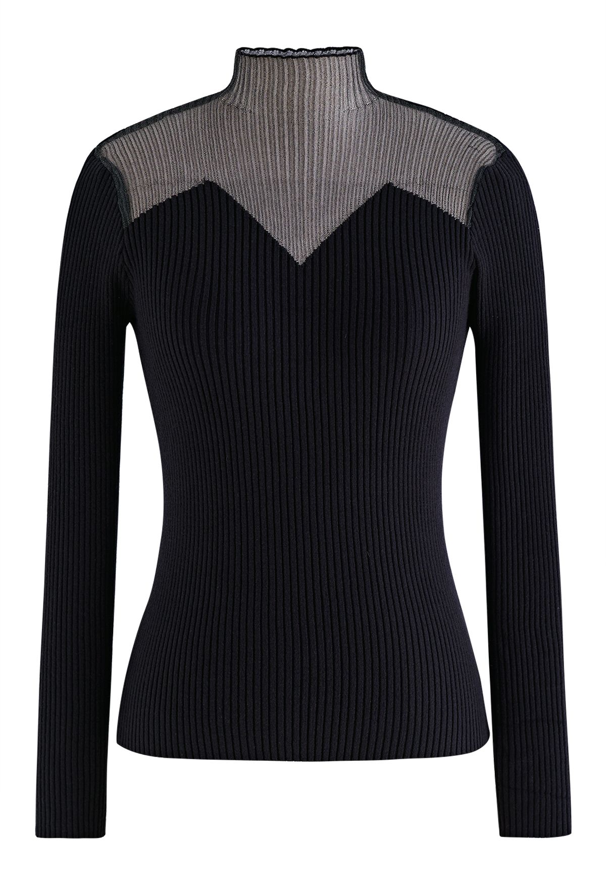 Mock Neck Zigzag Mesh Splicing Knit Top in Black