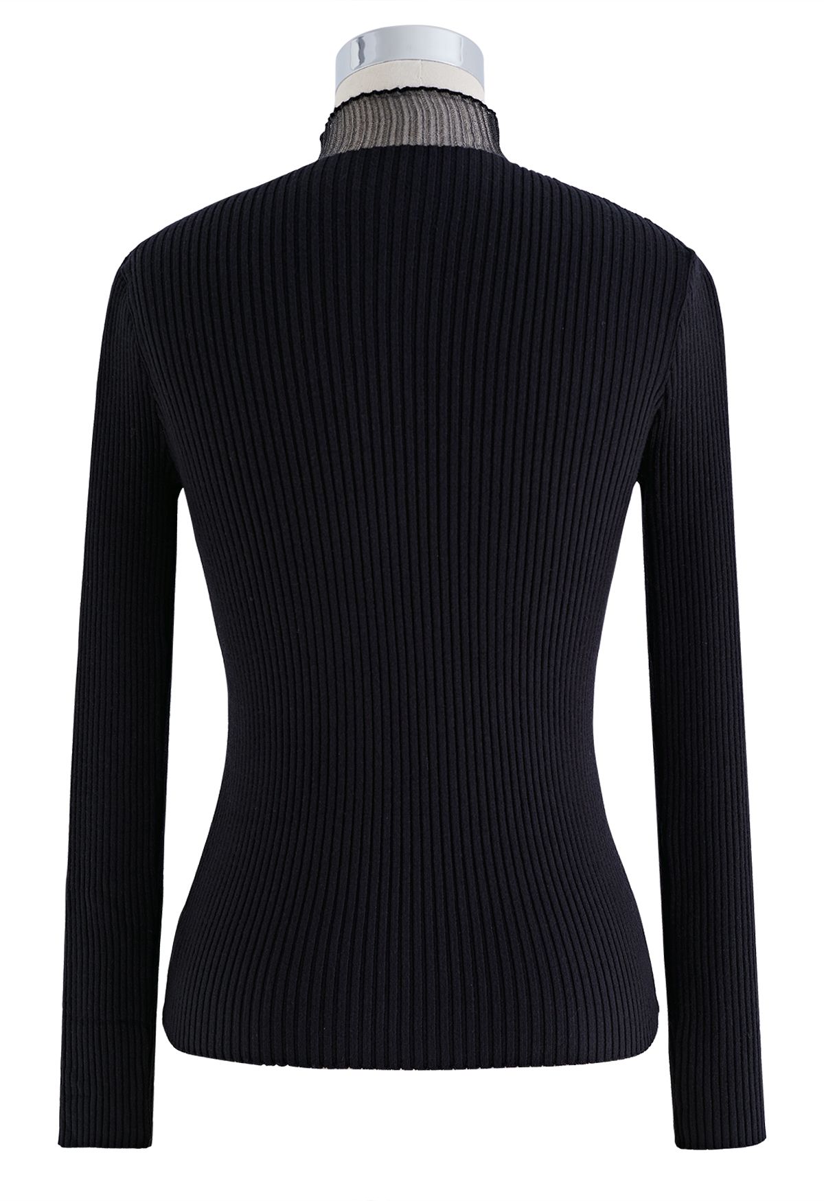 Mock Neck Zigzag Mesh Splicing Knit Top in Black