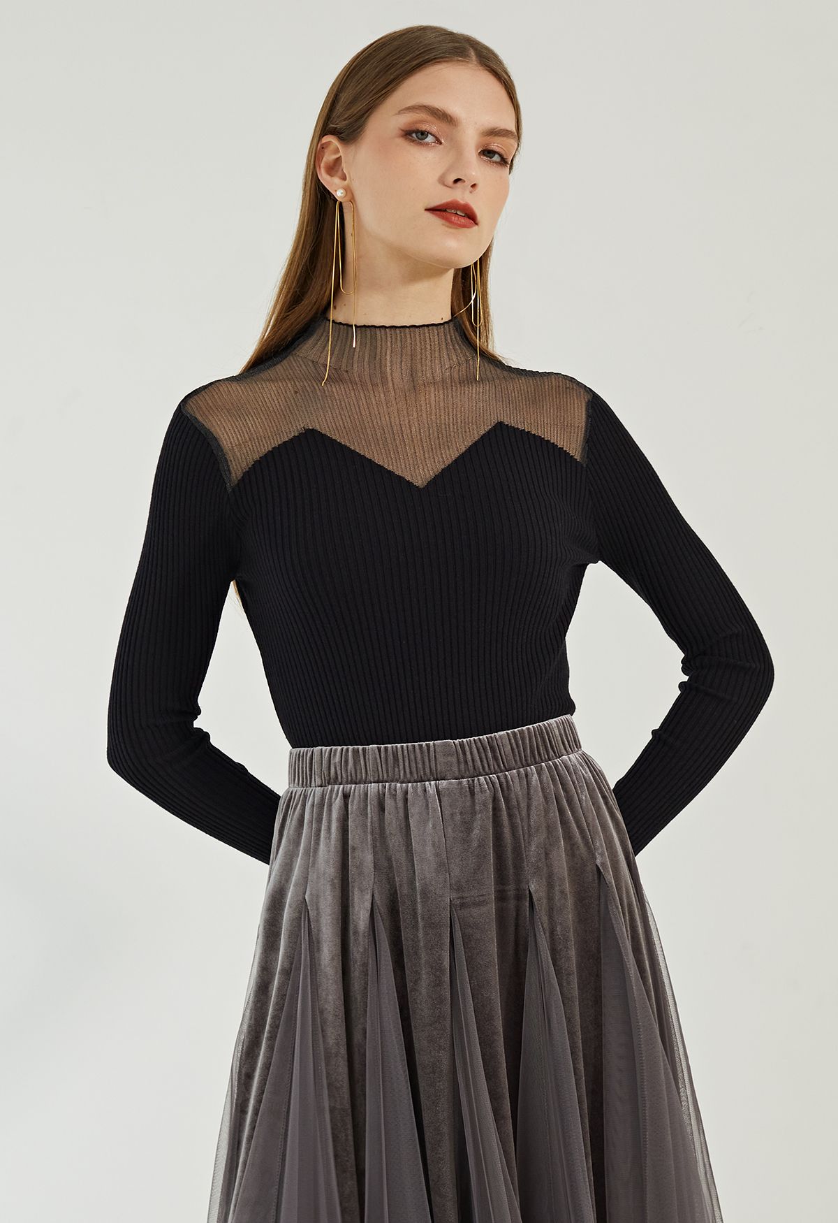 Mock Neck Zigzag Mesh Splicing Knit Top in Black