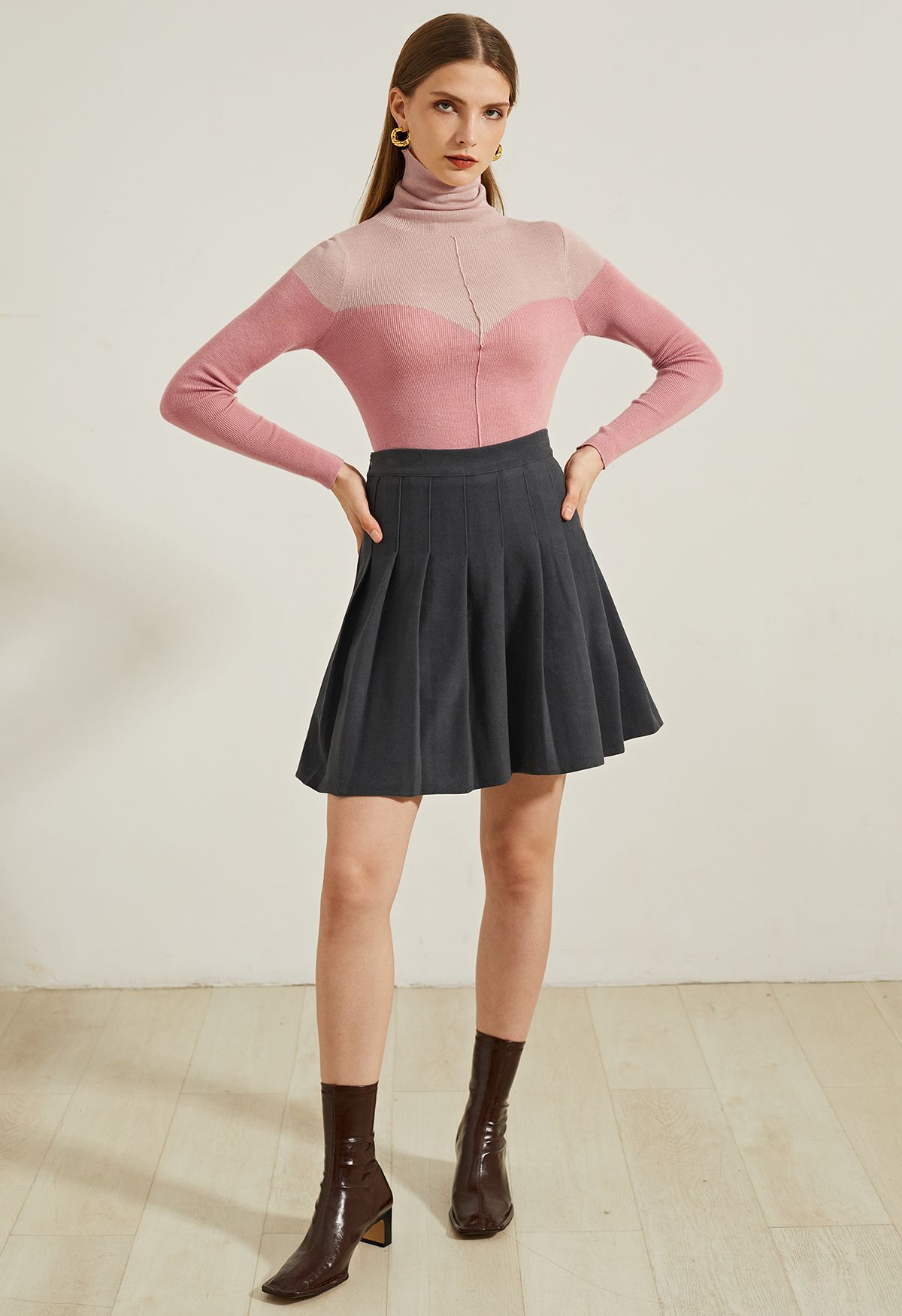 High Waist Wool-Blend Pleated Skater Skirt in Smoke