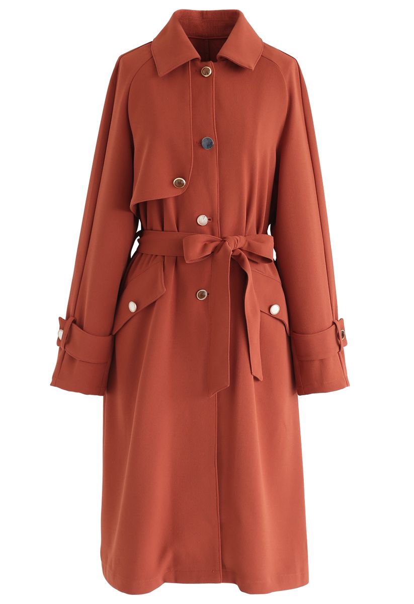 Retro Front Button Longline Belted Coat