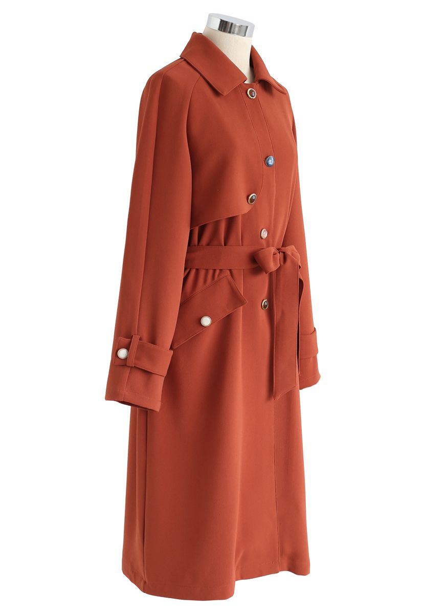 Retro Front Button Longline Belted Coat