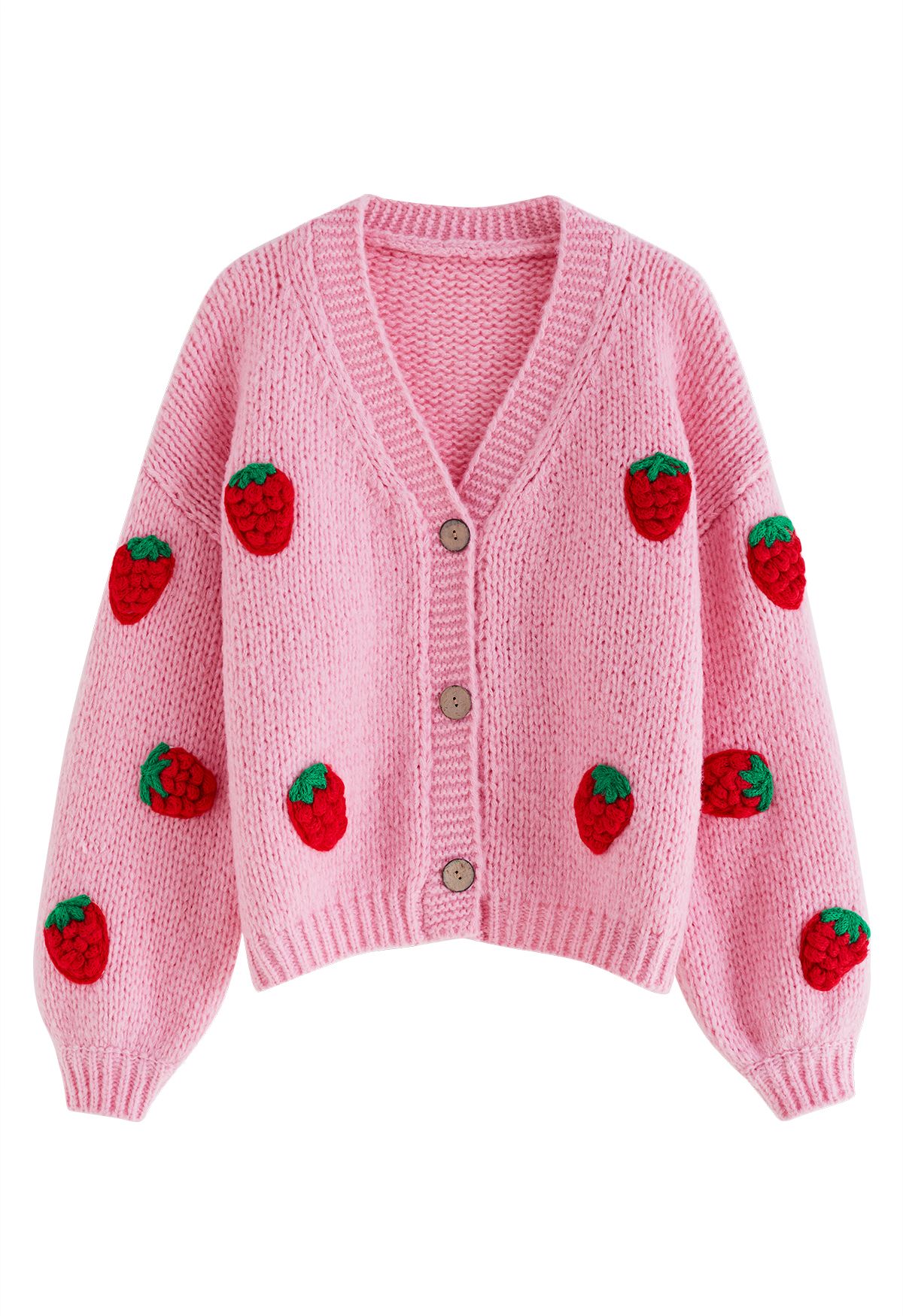 Stitch Strawberry Button Up Hand Knit Cardigan in Candy Pink