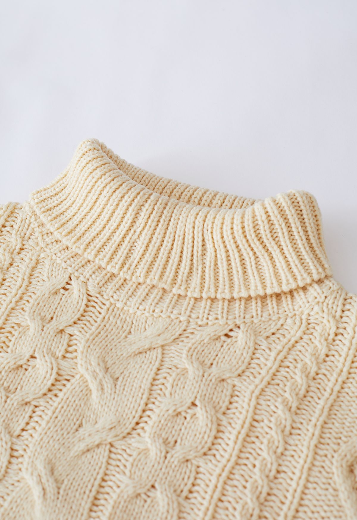 Turtleneck Tassel Trim Cable Knit Sweater in Light Yellow