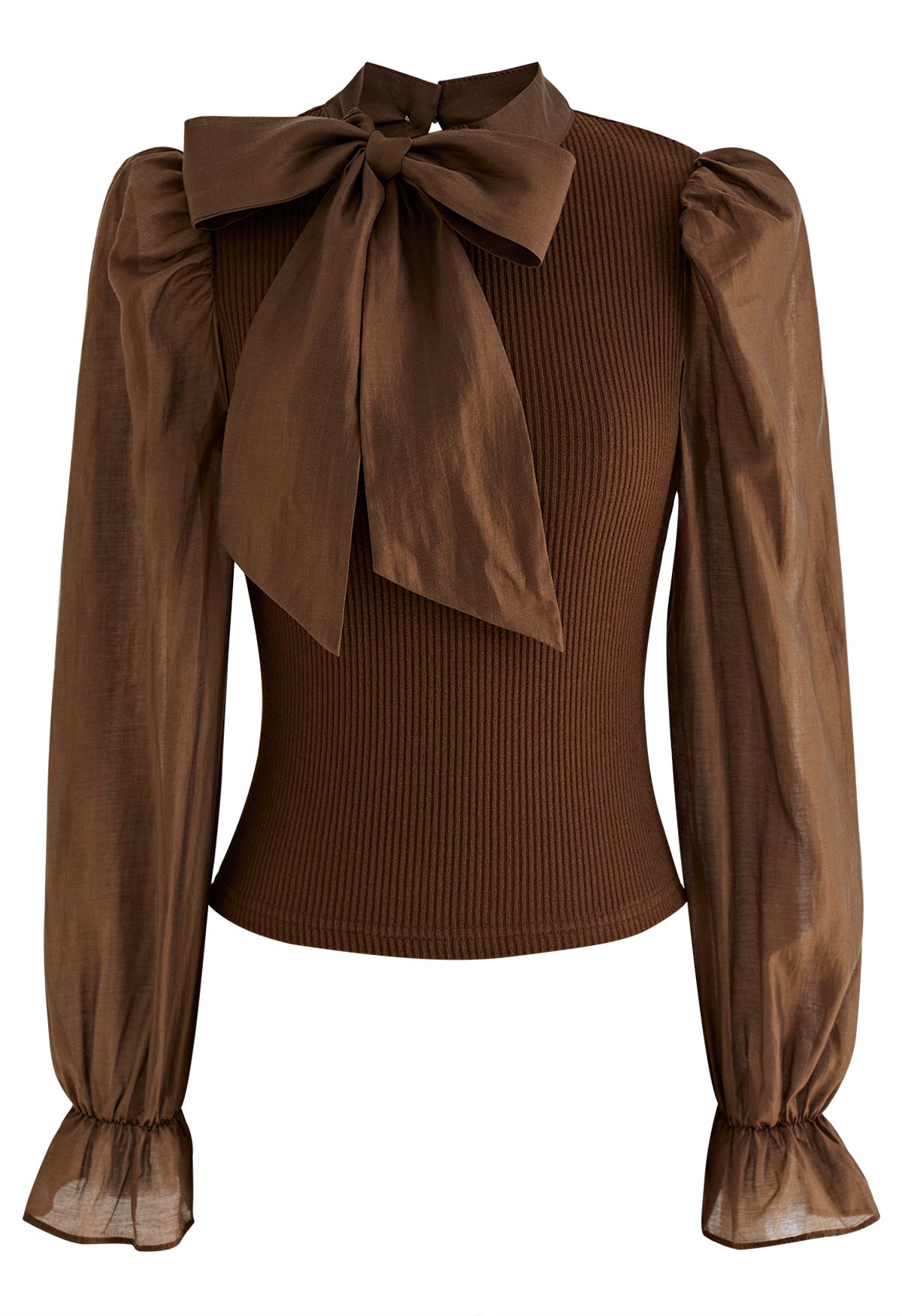 Detachable Bowknot Spliced Knit Top in Brown