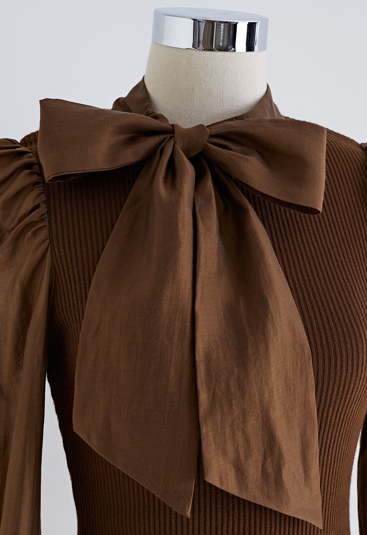 Detachable Bowknot Spliced Knit Top in Brown