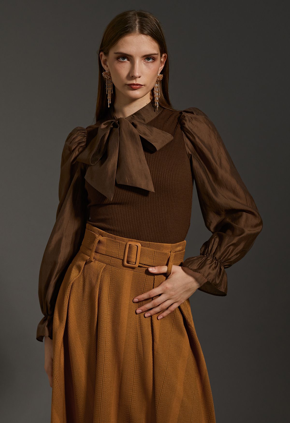 Detachable Bowknot Spliced Knit Top in Brown